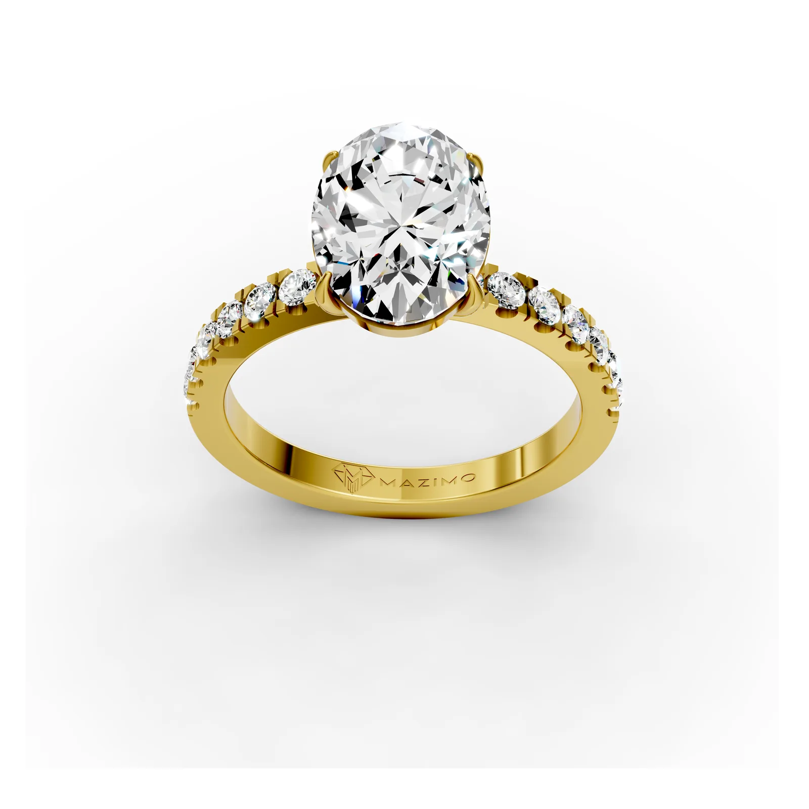 Oval Pavé Solitaire Ring, 2 ct in 18K Yellow Gold, three-quarter view