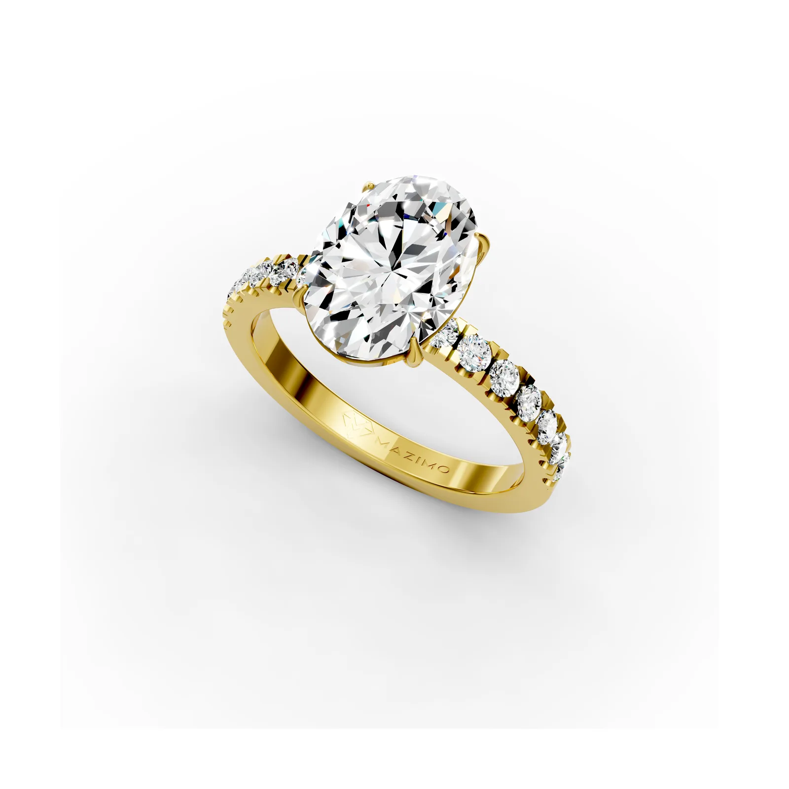 Oval Pavé Solitaire Ring, 2 ct in 18K Yellow Gold, angled view