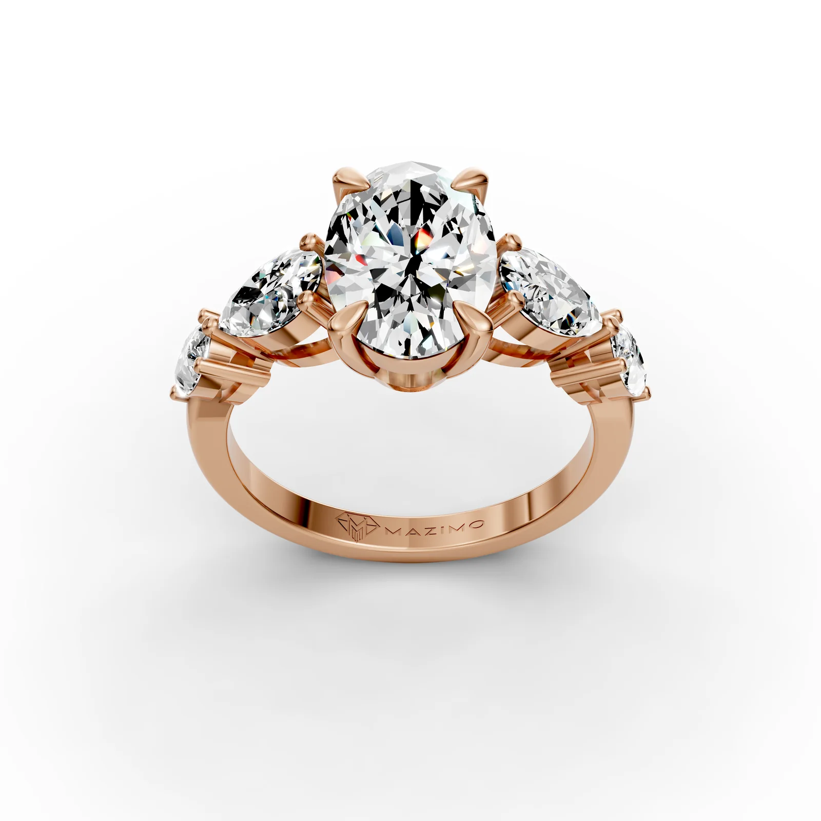 Oval and Pear Five Stone Ring in 18K Rose Gold, 2.5 ct oval diamond with four pear diamonds, three-quarter view