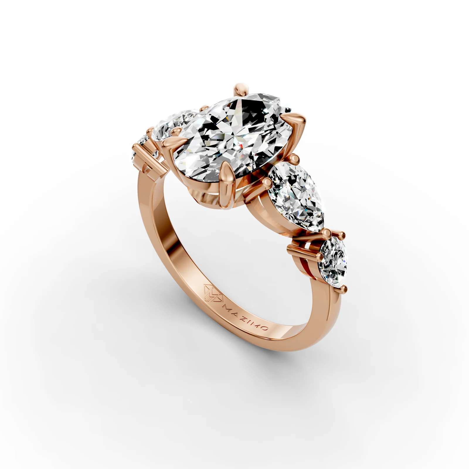 Oval and Pear Five Stone Ring in 18K Rose Gold, 2.5 ct oval diamond with four pear diamonds, angled view