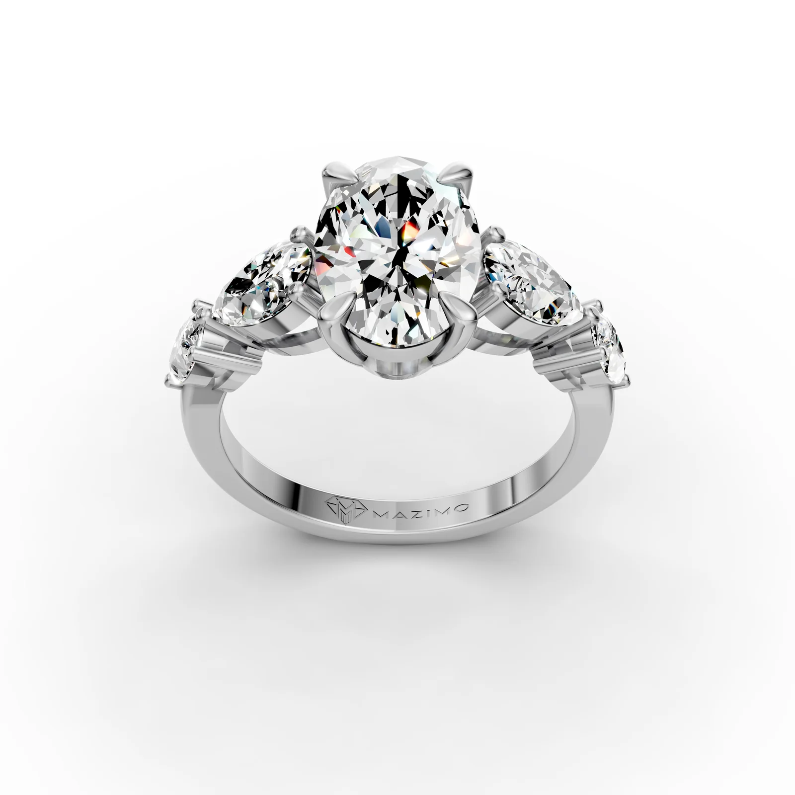 Oval and Pear Five Stone Ring in 18K White Gold, 2.5 ct oval diamond with four pear diamonds, three-quarter view