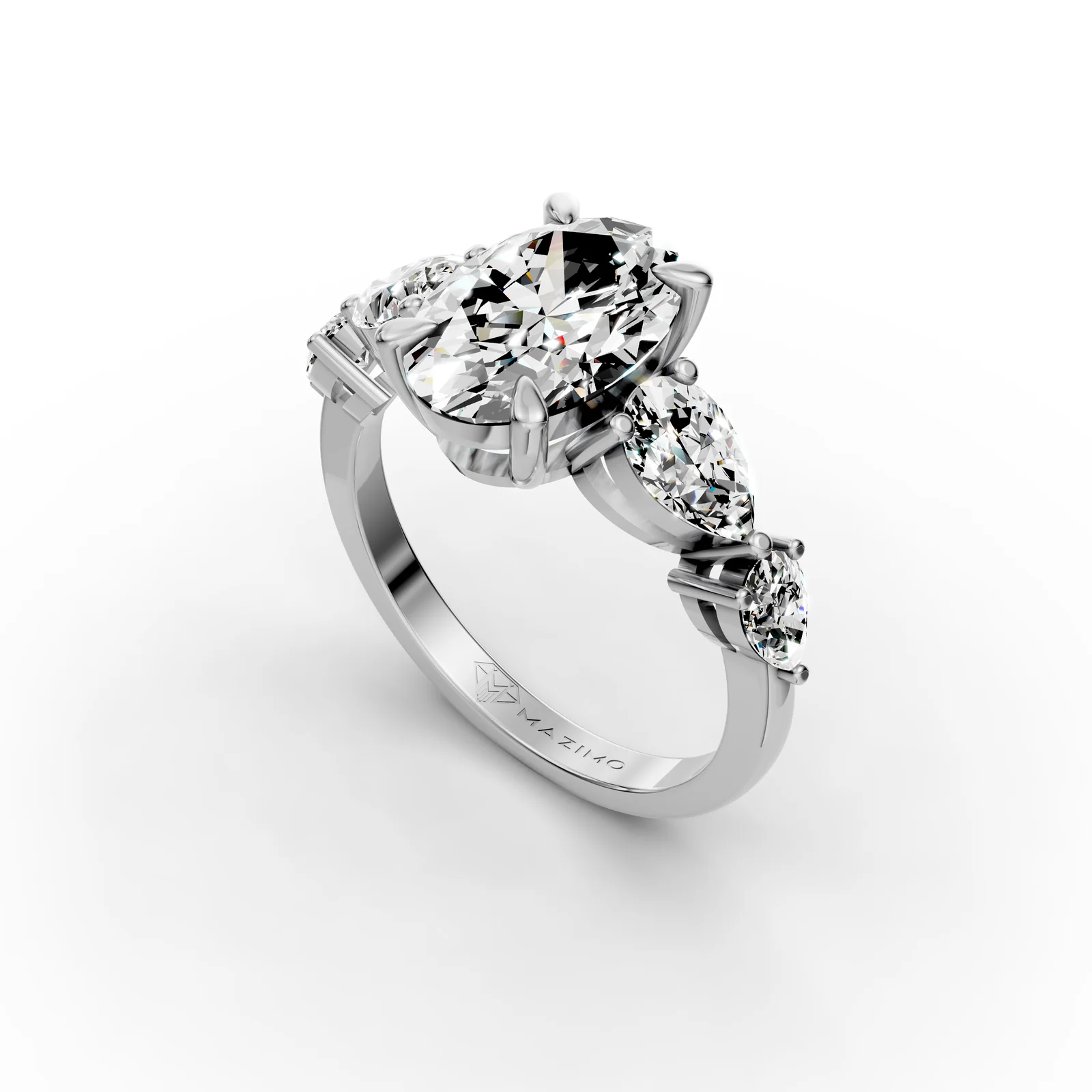 Oval and Pear Five Stone Ring in 18K White Gold, 2.5 ct oval diamond with four pear diamonds, angled view