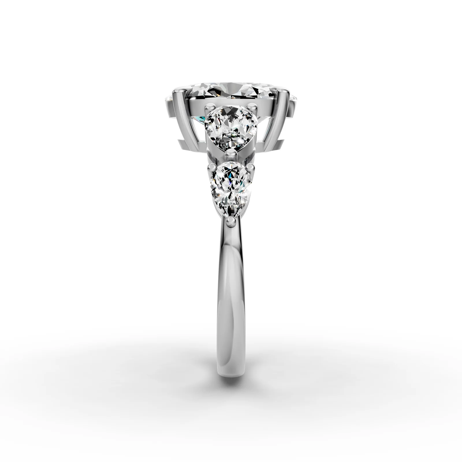 Oval and Pear Five Stone Ring in 18K White Gold, 2.5 ct oval diamond with four pear diamonds, side profile