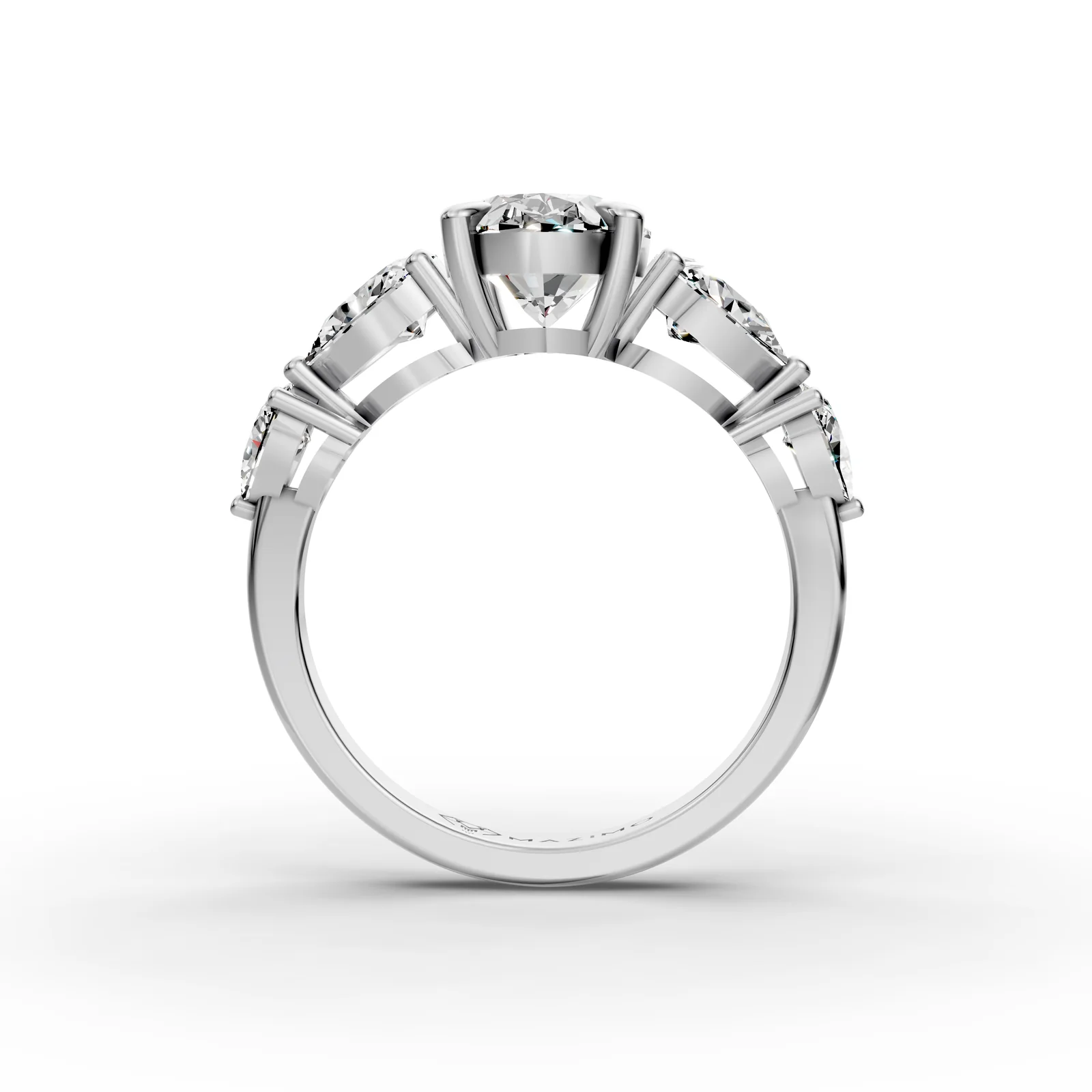 Oval and Pear Five Stone Ring in 18K White Gold, 2.5 ct oval diamond with four pear diamonds, front view