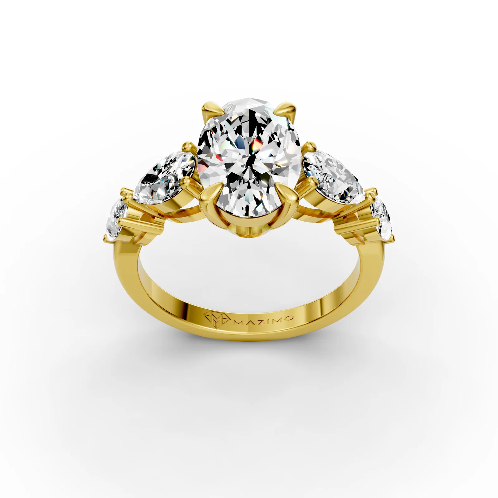 Oval and Pear Five Stone Ring in 18K Yellow Gold, 2.5 ct oval diamond with four pear diamonds, three-quarter view