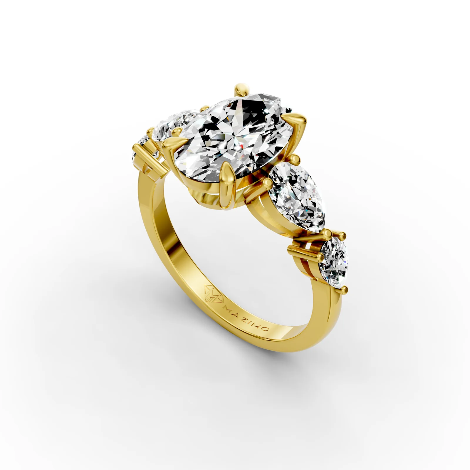 Oval and Pear Five Stone Ring in 18K Yellow Gold, 2.5 ct oval diamond with four pear diamonds, angled view
