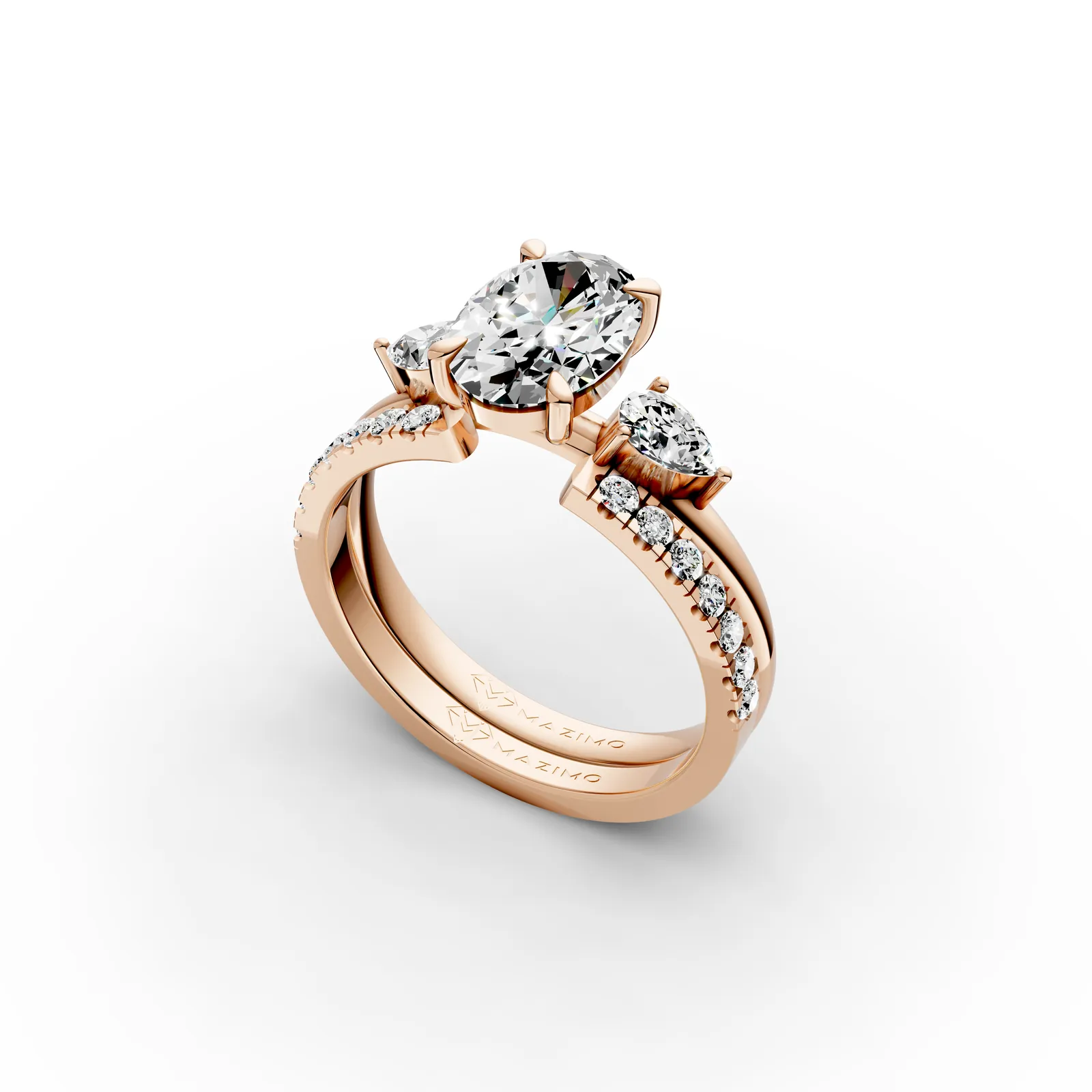Oval and Pear Three Stone Pavé Ring in 18K Rose Gold, 1.5 ct oval diamond between two pear diamonds on a pavé band, angled view