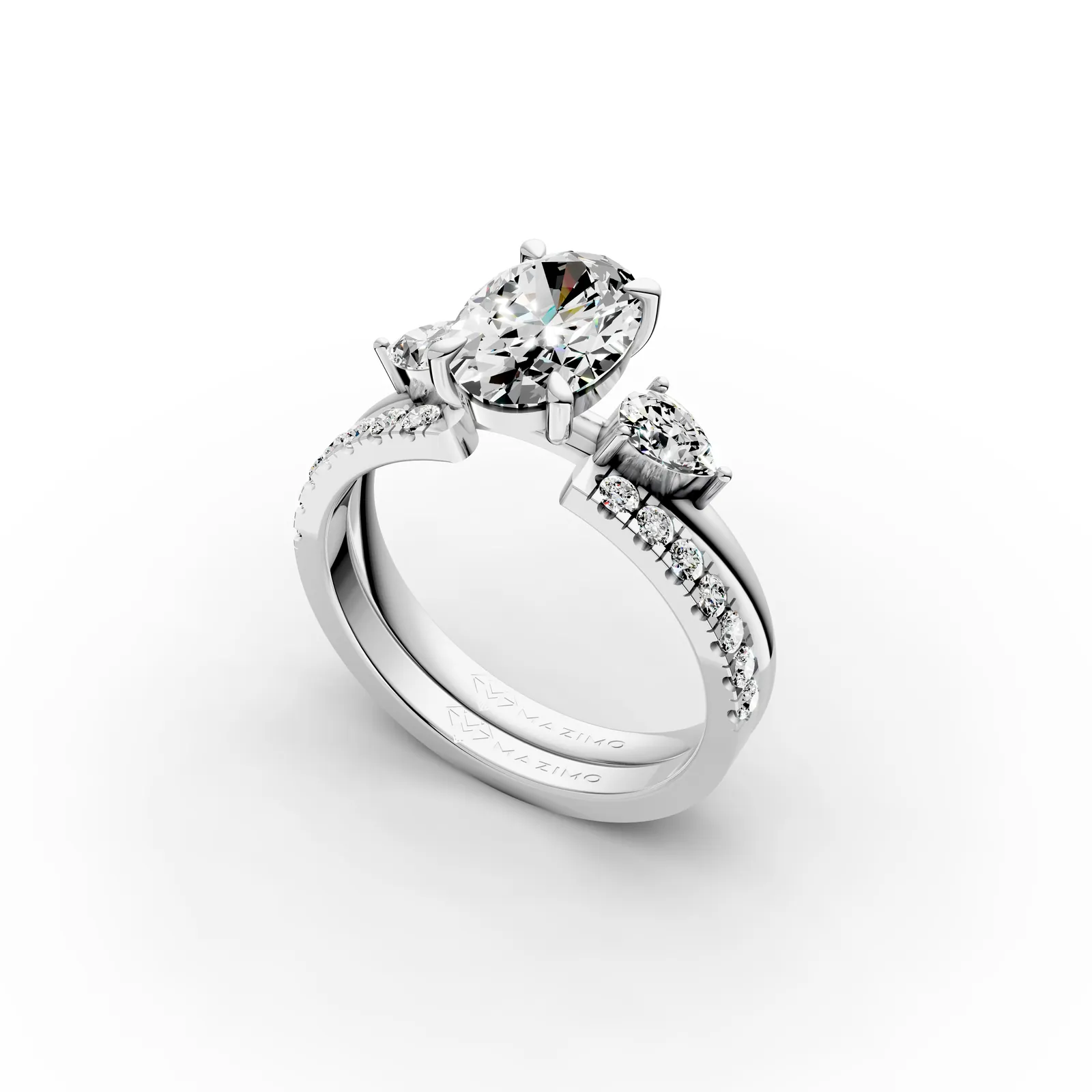 Oval and Pear Three Stone Pavé Ring in 18K White Gold, 1.5 ct oval diamond between two pear diamonds on a pavé band, angled view