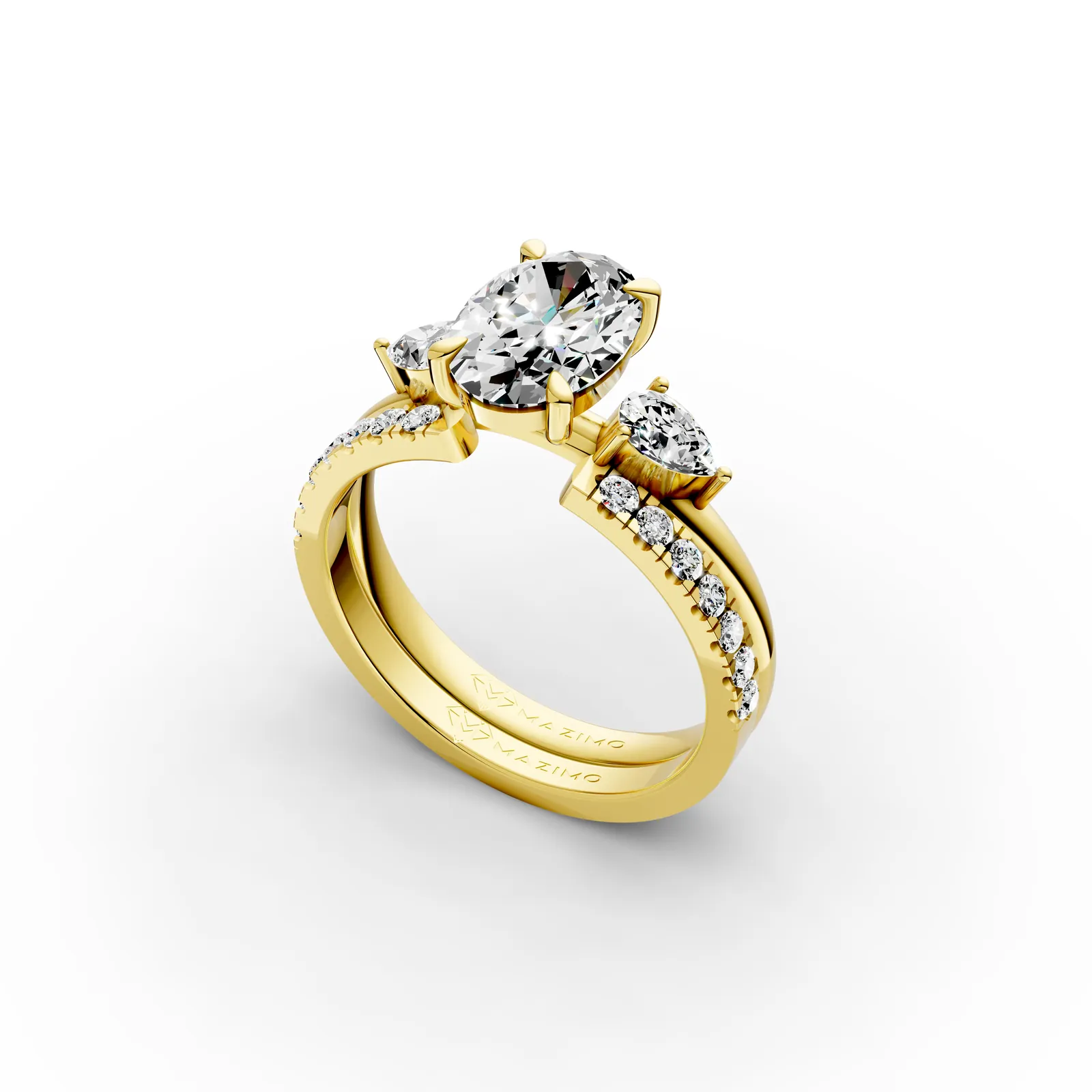 Oval and Pear Three Stone Pavé Ring in 18K Yellow Gold, 1.5 ct oval diamond between two pear diamonds on a pavé band, angled view
