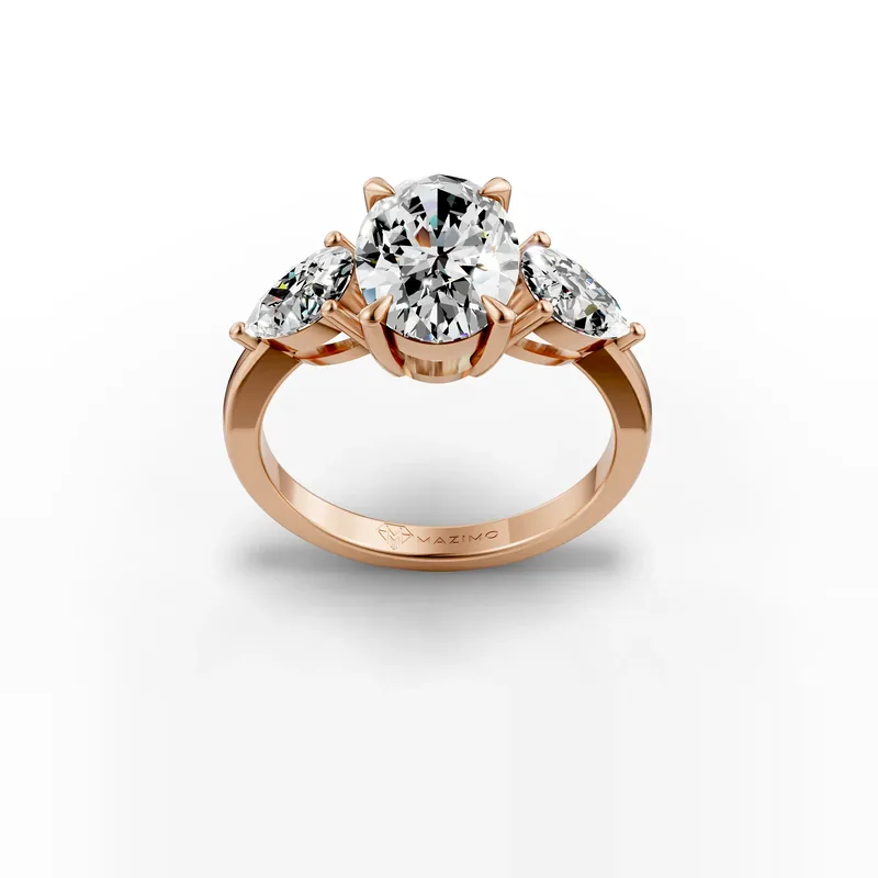 Oval and Pear Three Stone Ring، ذهب وردي عيار 18: ألماسة بيضاوية بين ألماستين كمثريتين