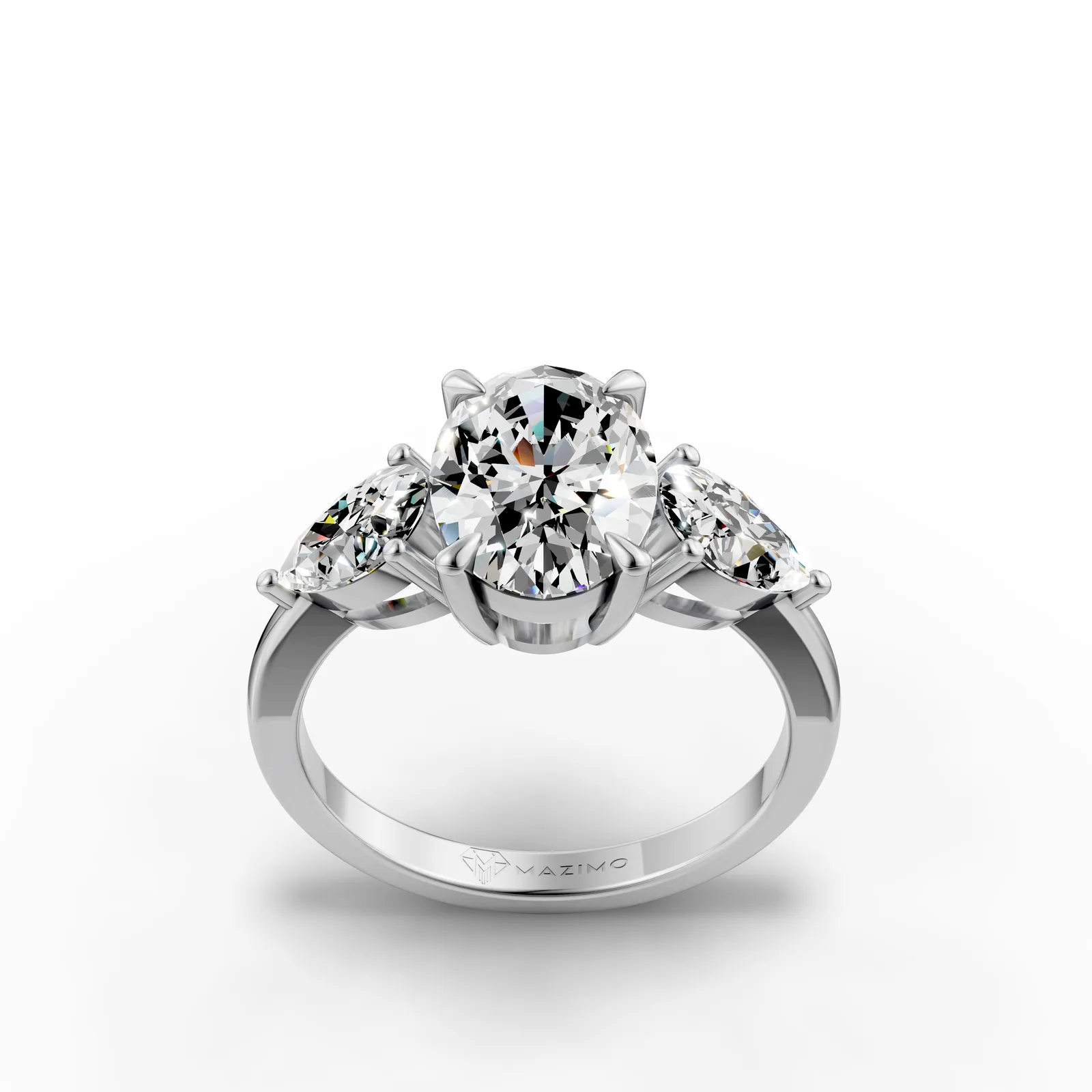 Oval and Pear Three Stone Ring in 18K White Gold, three-quarter view