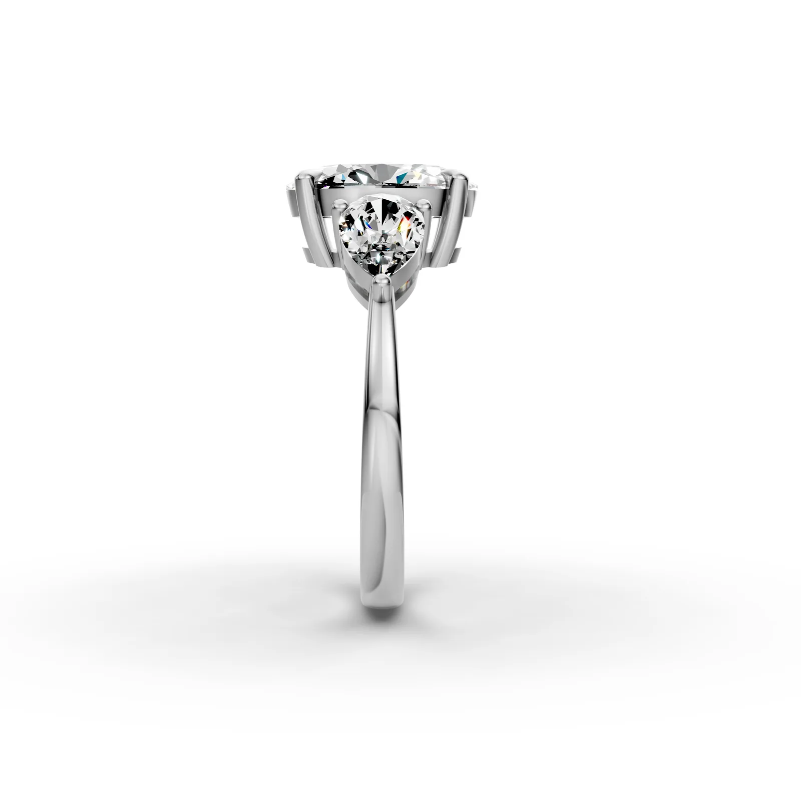 Oval and Pear Three Stone Ring in 18K White Gold, side profile