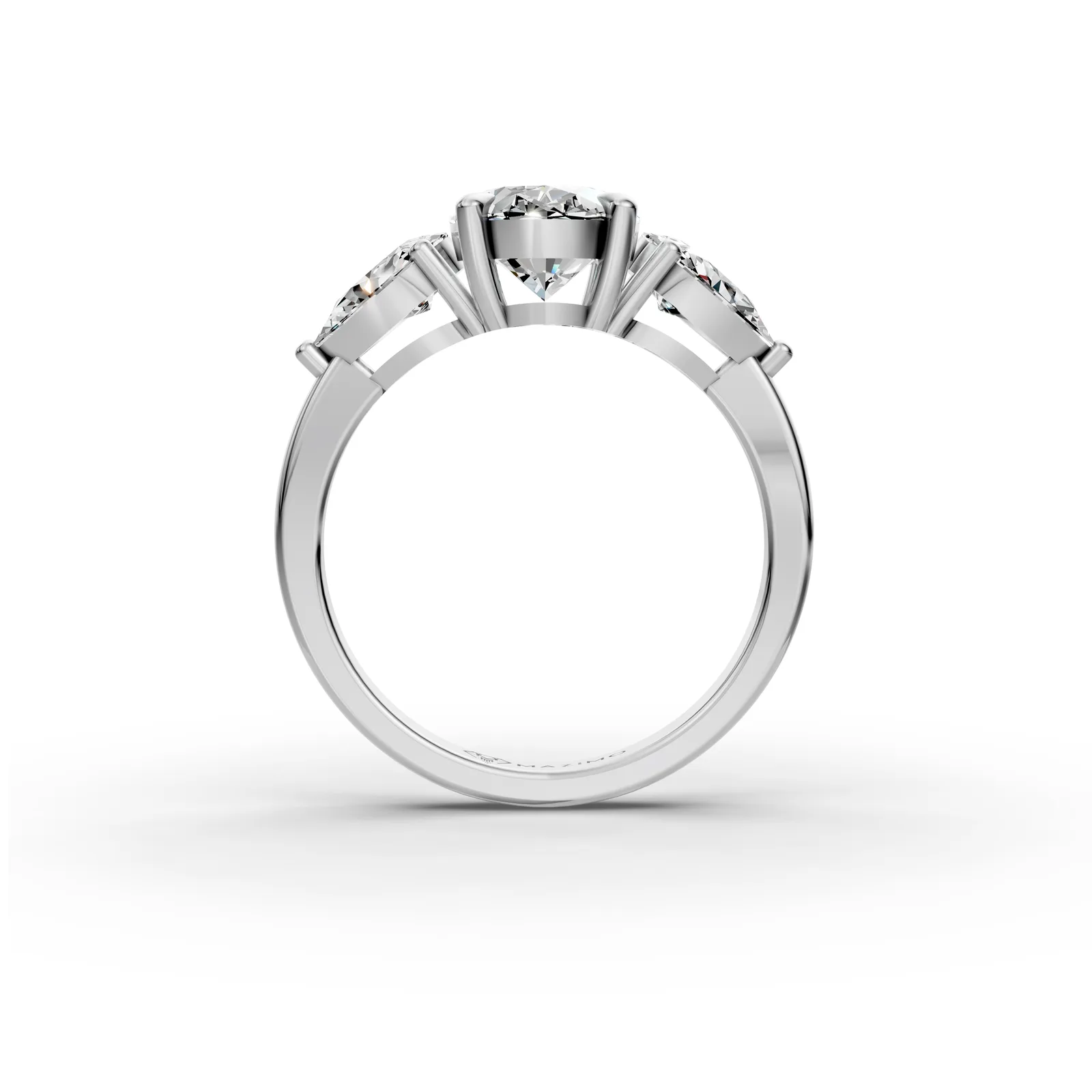 Oval and Pear Three Stone Ring in 18K White Gold, front view