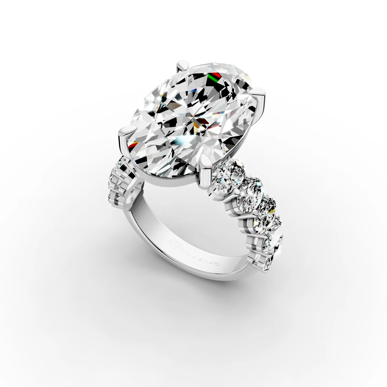Oval Side Stone Ring, 10 ct in 18K White Gold, 10 ct oval diamond in four claws with oval diamonds along the band, angled view