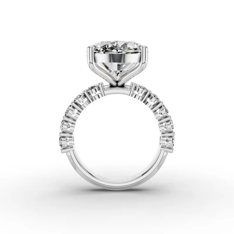 Oval Side Stone Ring, 10 ct in 18K White Gold, 10 ct oval diamond in four claws with oval diamonds along the band, front view