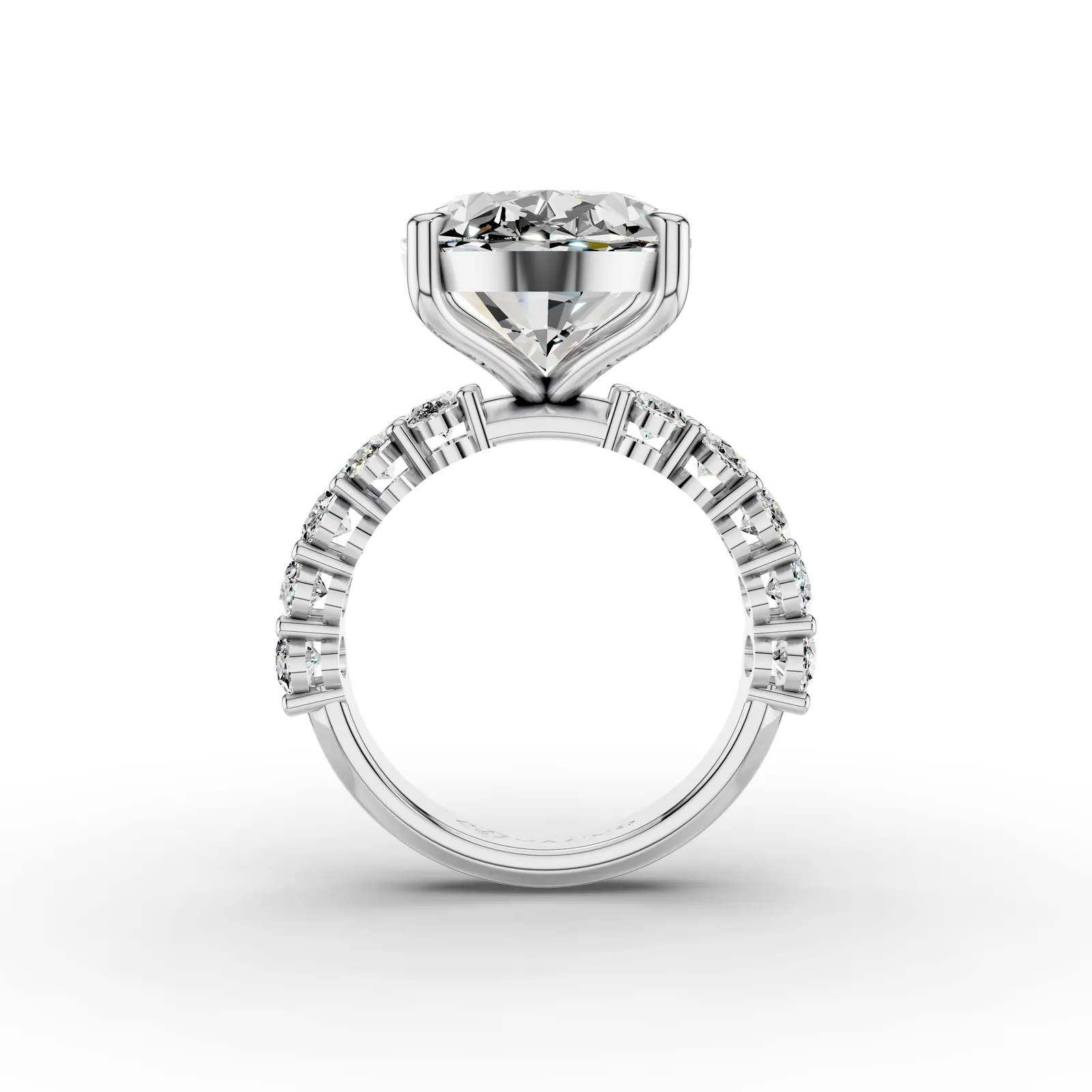 Oval Side Stone Ring, 10 ct in 18K White Gold, 10 ct oval diamond in four claws with oval diamonds along the band, front view