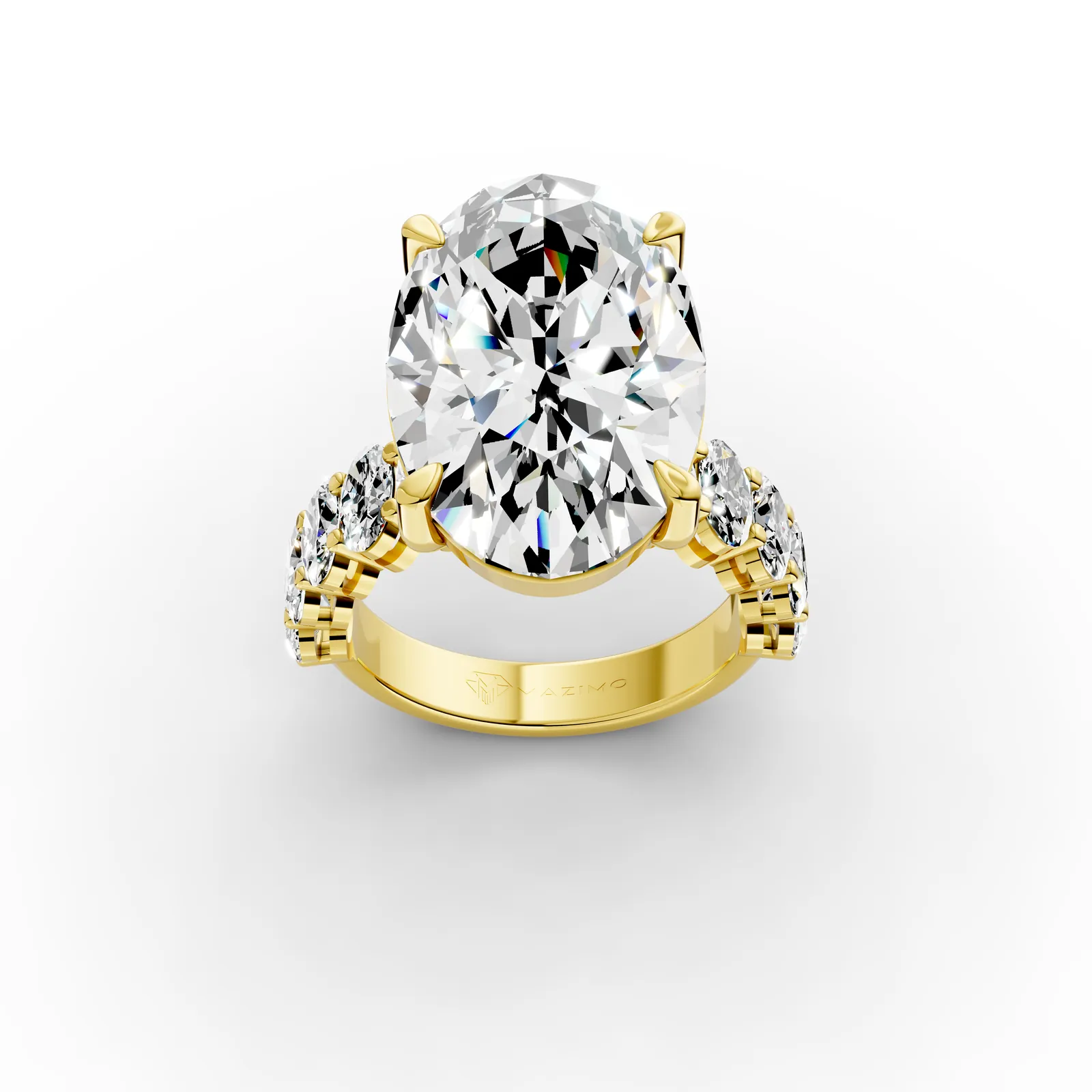 Oval Side Stone Ring, 10 ct in 18K Yellow Gold, 10 ct oval diamond in four claws with oval diamonds along the band, three-quarter view