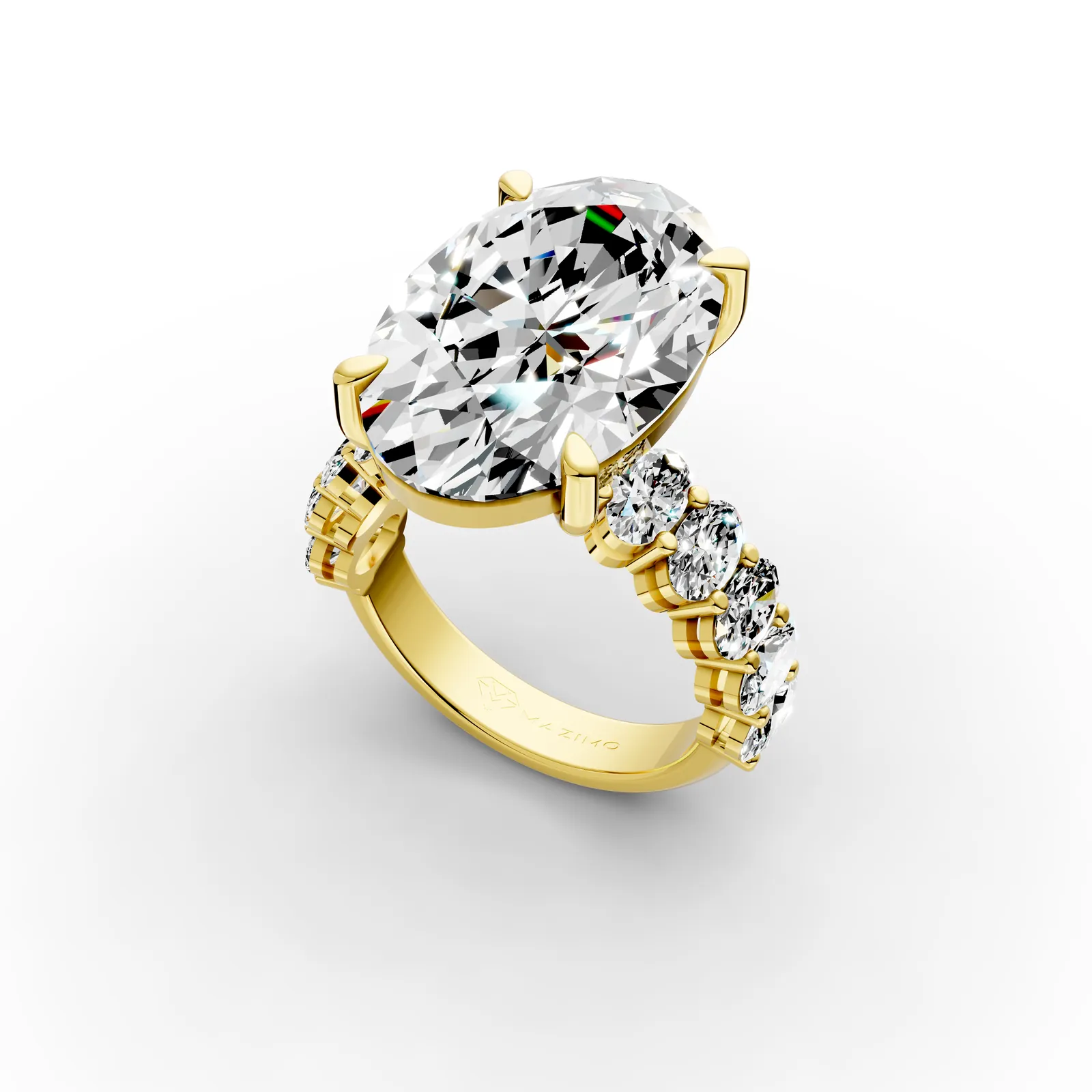Oval Side Stone Ring, 10 ct in 18K Yellow Gold, 10 ct oval diamond in four claws with oval diamonds along the band, angled view
