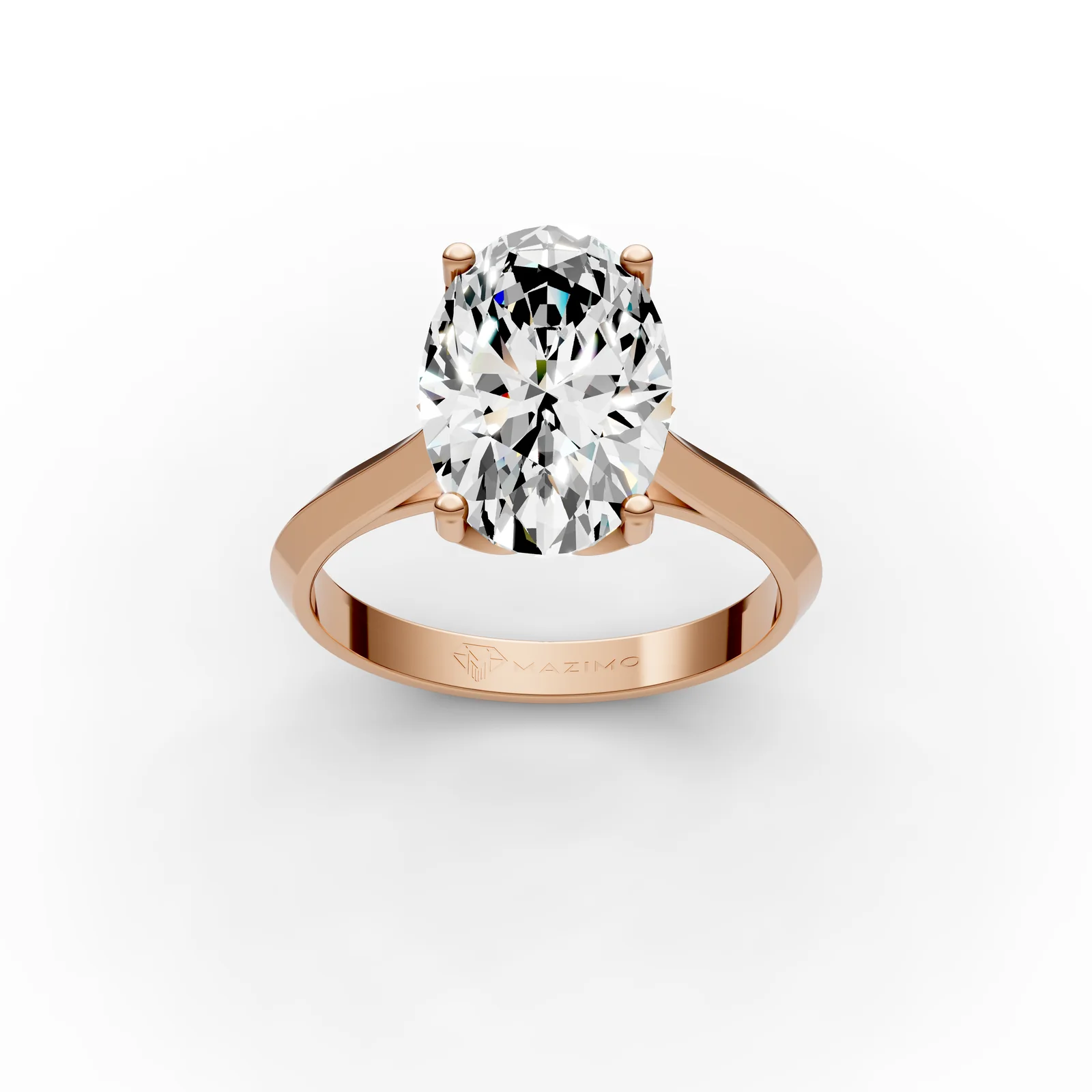 Oval Solitaire Ring, 3.5 ct in 18K Rose Gold, 3.5 ct oval diamond in four claws on a plain band, three-quarter view
