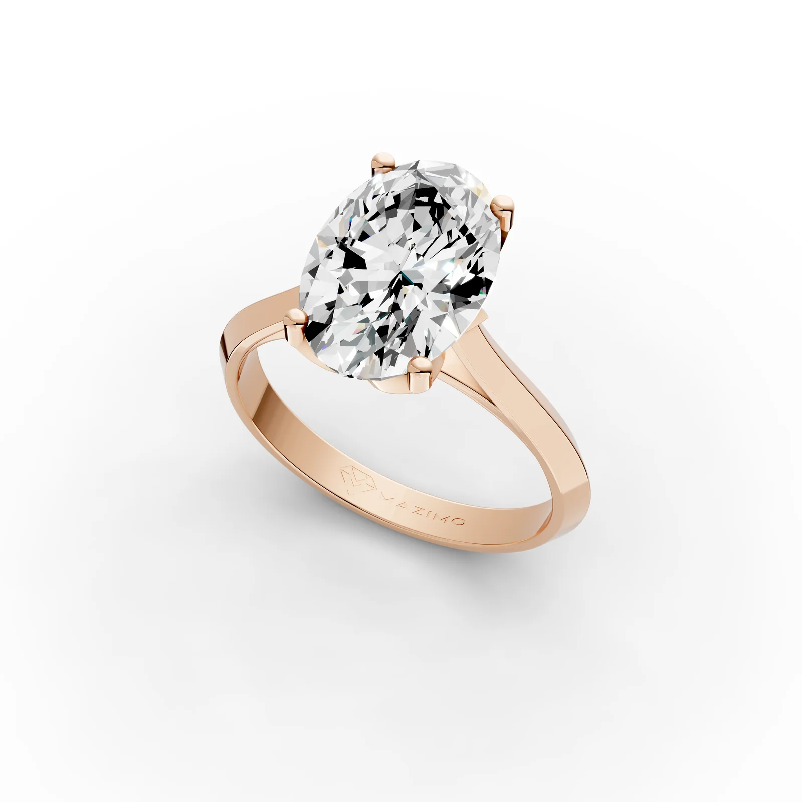 Oval Solitaire Ring, 3.5 ct in 18K Rose Gold, 3.5 ct oval diamond in four claws on a plain band, angled view