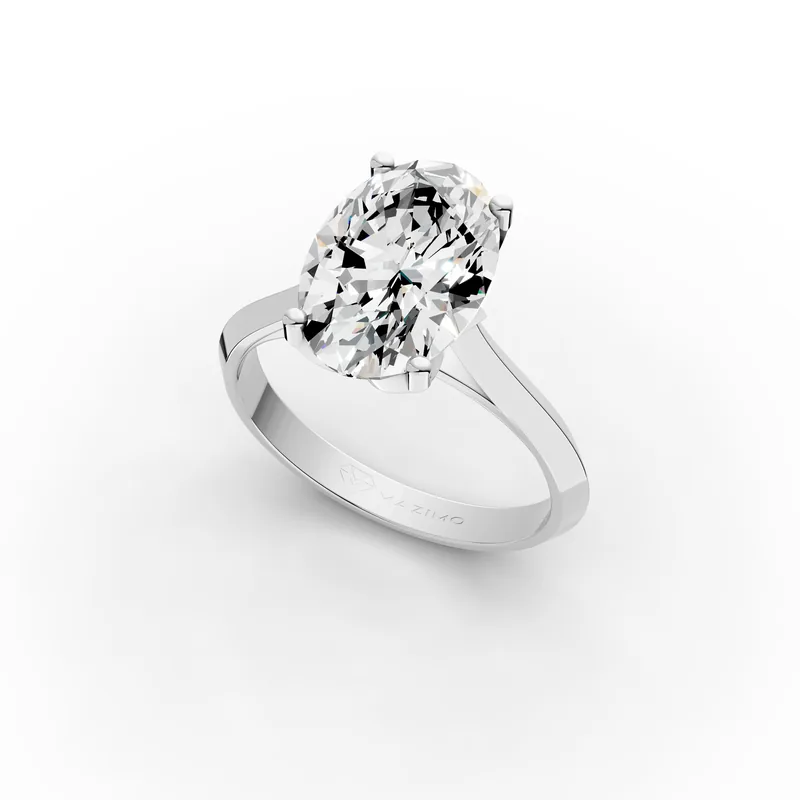 Oval Solitaire Ring, 3.5 ct in 18K White Gold, 3.5 ct oval diamond in four claws on a plain band, angled view