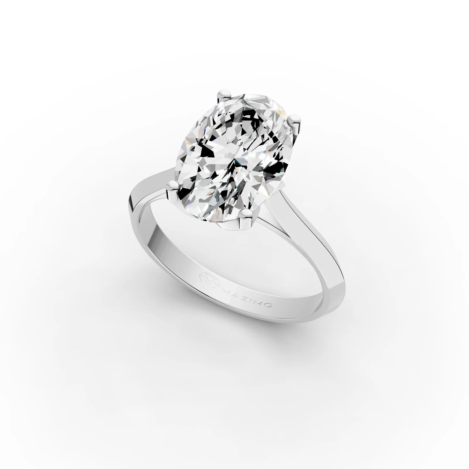 Oval Solitaire Ring, 3.5 ct in 18K White Gold, 3.5 ct oval diamond in four claws on a plain band, angled view