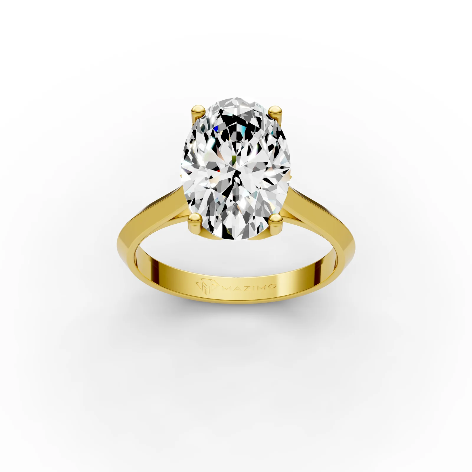 Oval Solitaire Ring, 3.5 ct in 18K Yellow Gold, 3.5 ct oval diamond in four claws on a plain band, three-quarter view