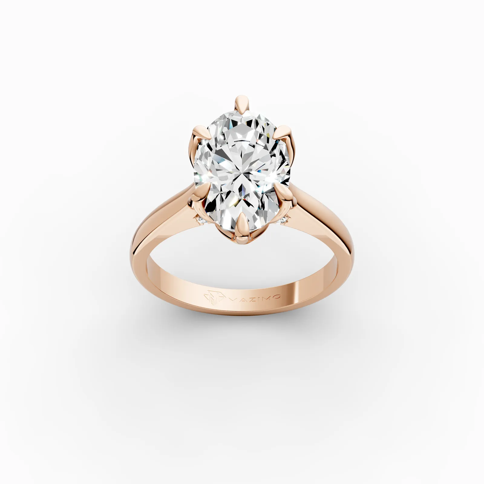 Oval Tulip Pavé Solitaire Ring in 18K Rose Gold, 3.5 ct oval diamond in tulip-shaped claws with diamonds beneath, three-quarter view