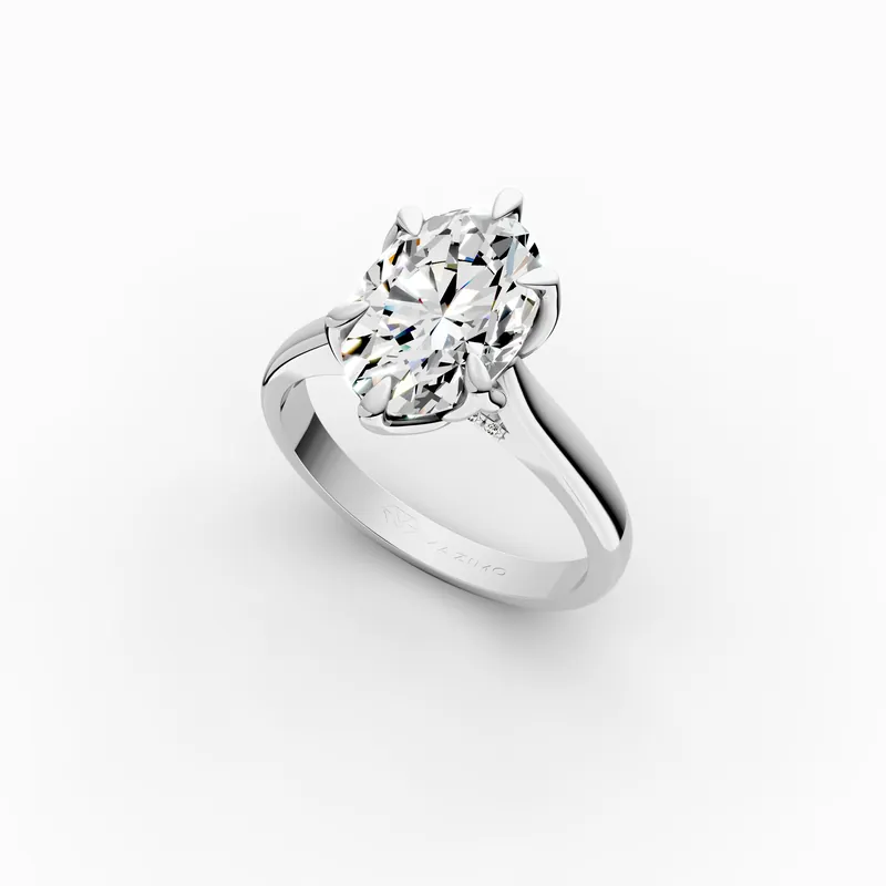 Oval Tulip Pavé Solitaire Ring in 18K White Gold, 3.5 ct oval diamond in tulip-shaped claws with diamonds beneath, angled view