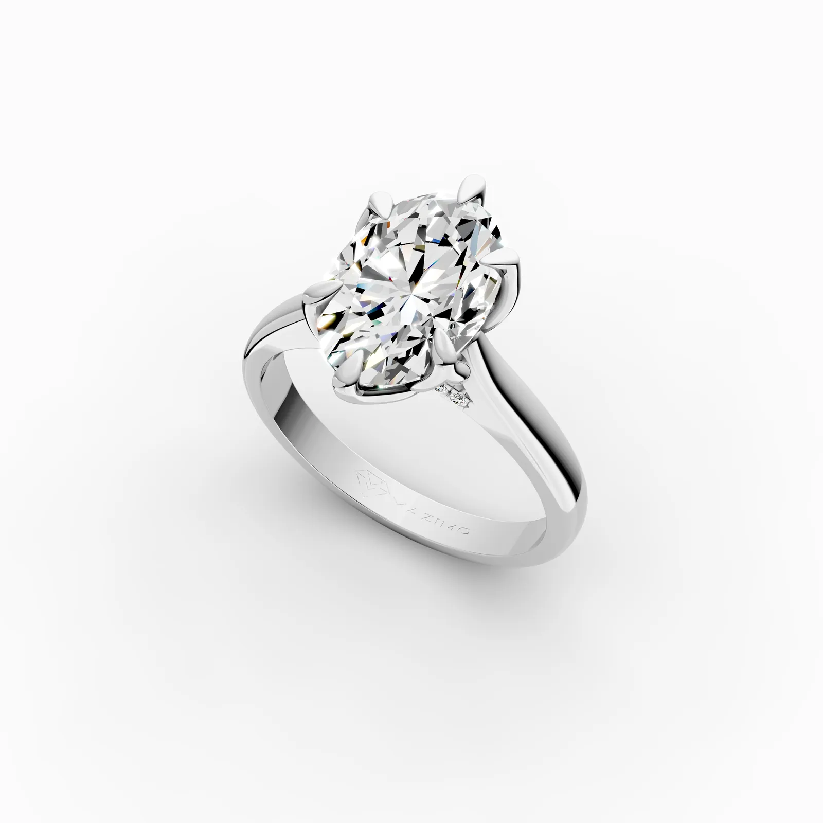 Oval Tulip Pavé Solitaire Ring in 18K White Gold, 3.5 ct oval diamond in tulip-shaped claws with diamonds beneath, angled view