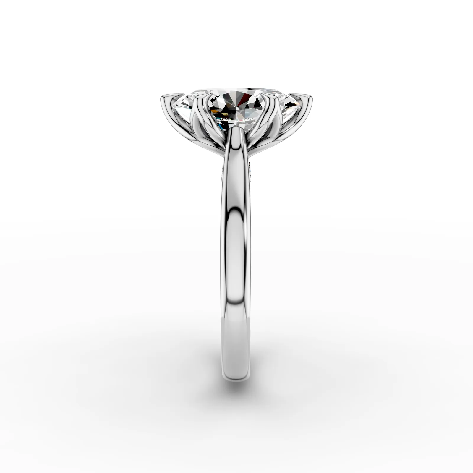 Oval Tulip Pavé Solitaire Ring in 18K White Gold, 3.5 ct oval diamond in tulip-shaped claws with diamonds beneath, side profile