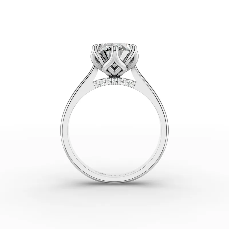 Oval Tulip Pavé Solitaire Ring in 18K White Gold, 3.5 ct oval diamond in tulip-shaped claws with diamonds beneath, front view