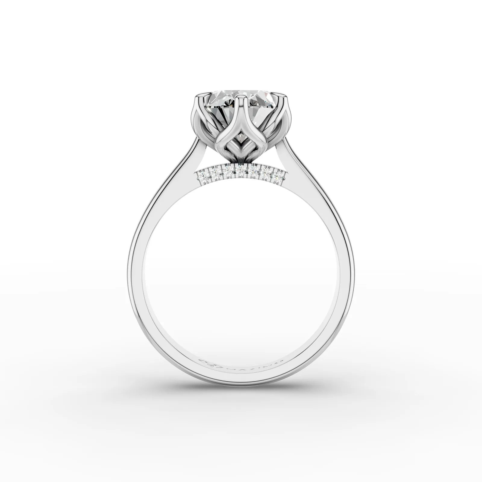 Oval Tulip Pavé Solitaire Ring in 18K White Gold, 3.5 ct oval diamond in tulip-shaped claws with diamonds beneath, front view