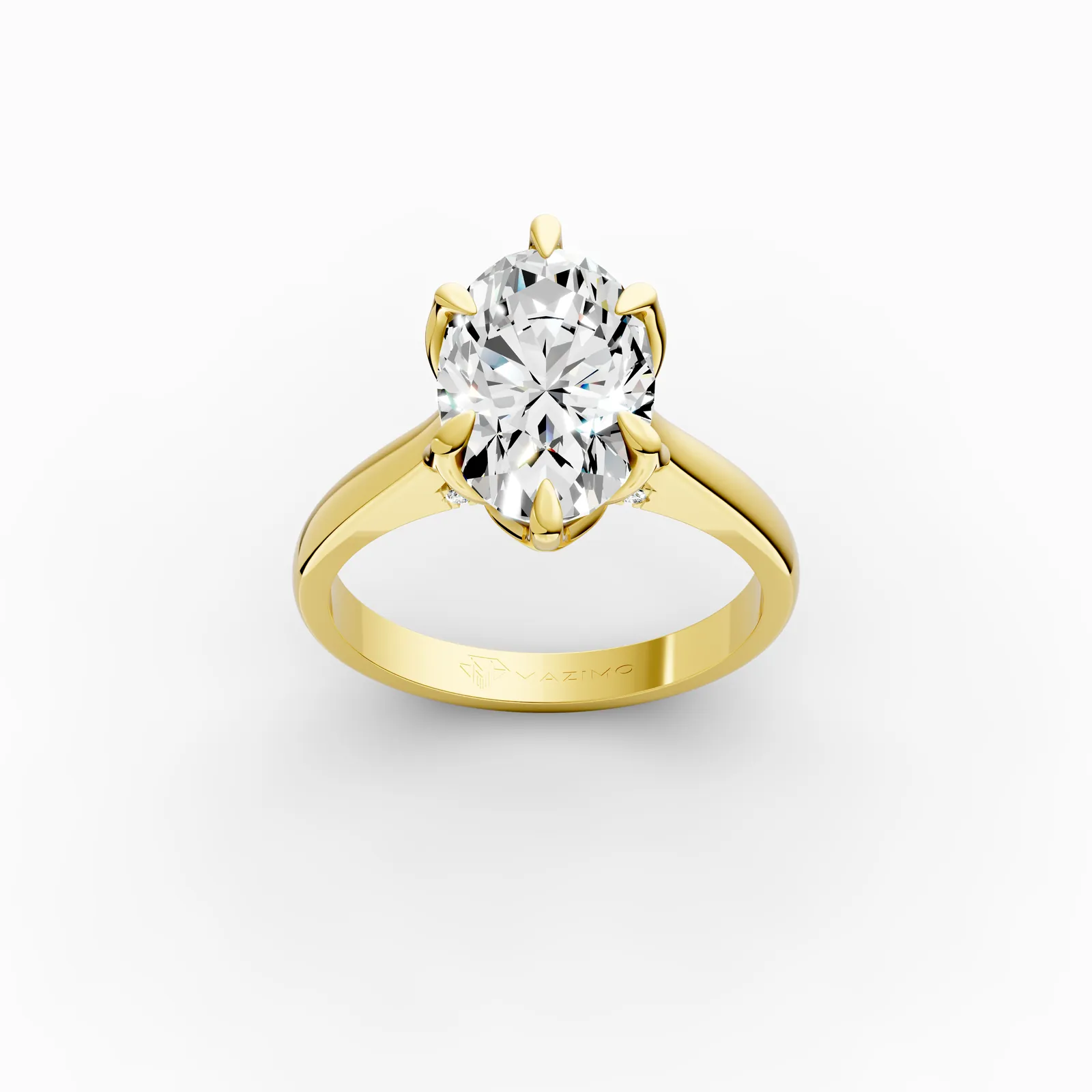 Oval Tulip Pavé Solitaire Ring in 18K Yellow Gold, 3.5 ct oval diamond in tulip-shaped claws with diamonds beneath, three-quarter view