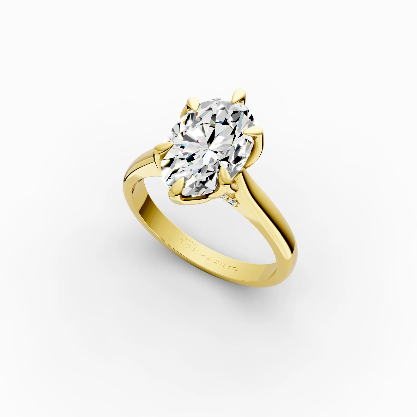 Oval Tulip Pavé Solitaire Ring in 18K Yellow Gold, 3.5 ct oval diamond in tulip-shaped claws with diamonds beneath, angled view