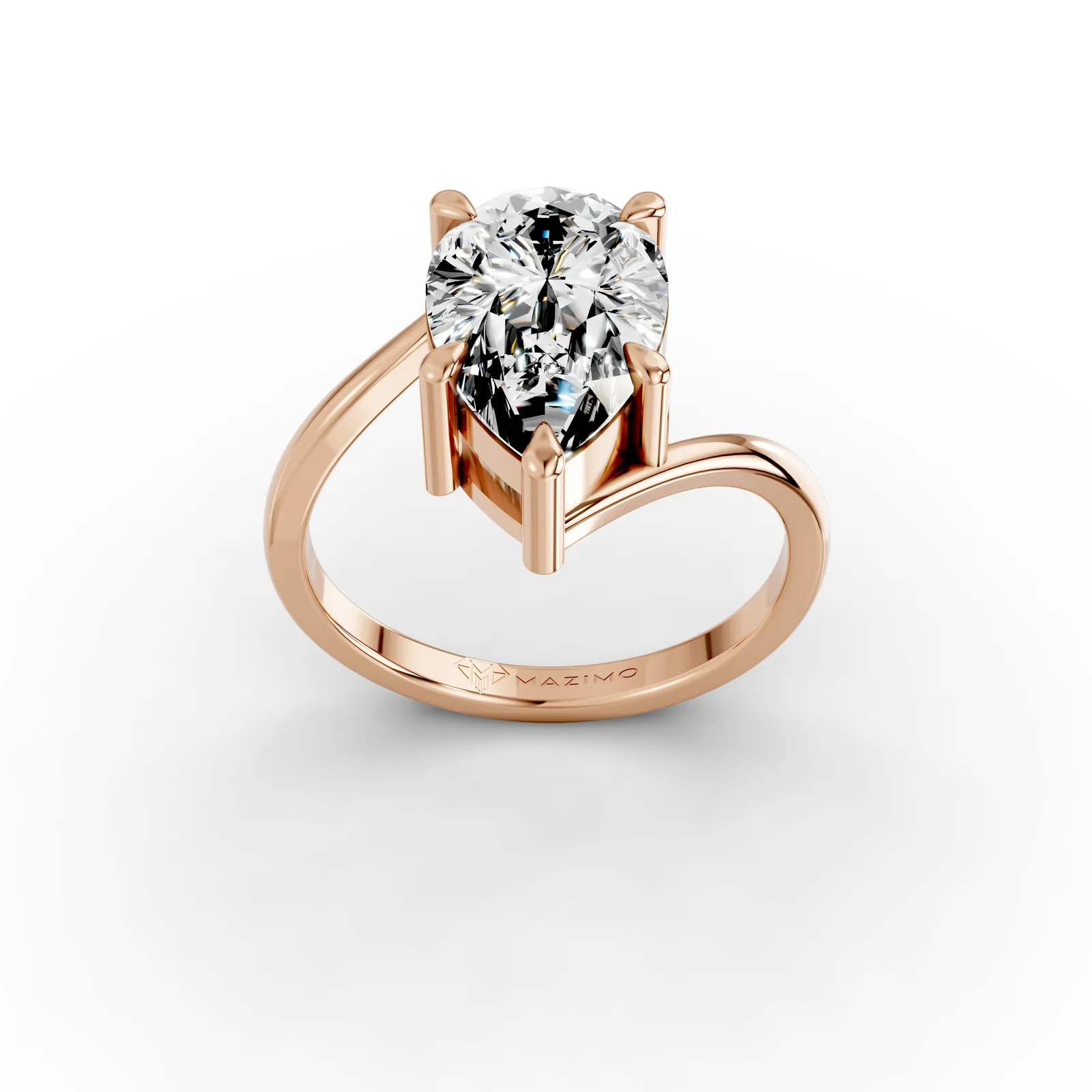 Pear Bypass Solitaire Ring in 18K Rose Gold, 3 ct pear diamond in claws on a bypass band, three-quarter view