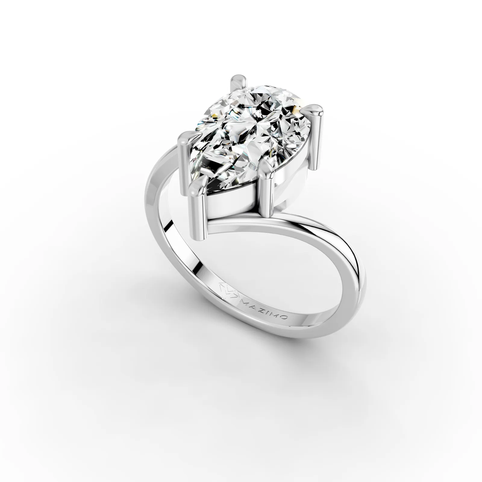 Pear Bypass Solitaire Ring in 18K White Gold, 3 ct pear diamond in claws on a bypass band, angled view