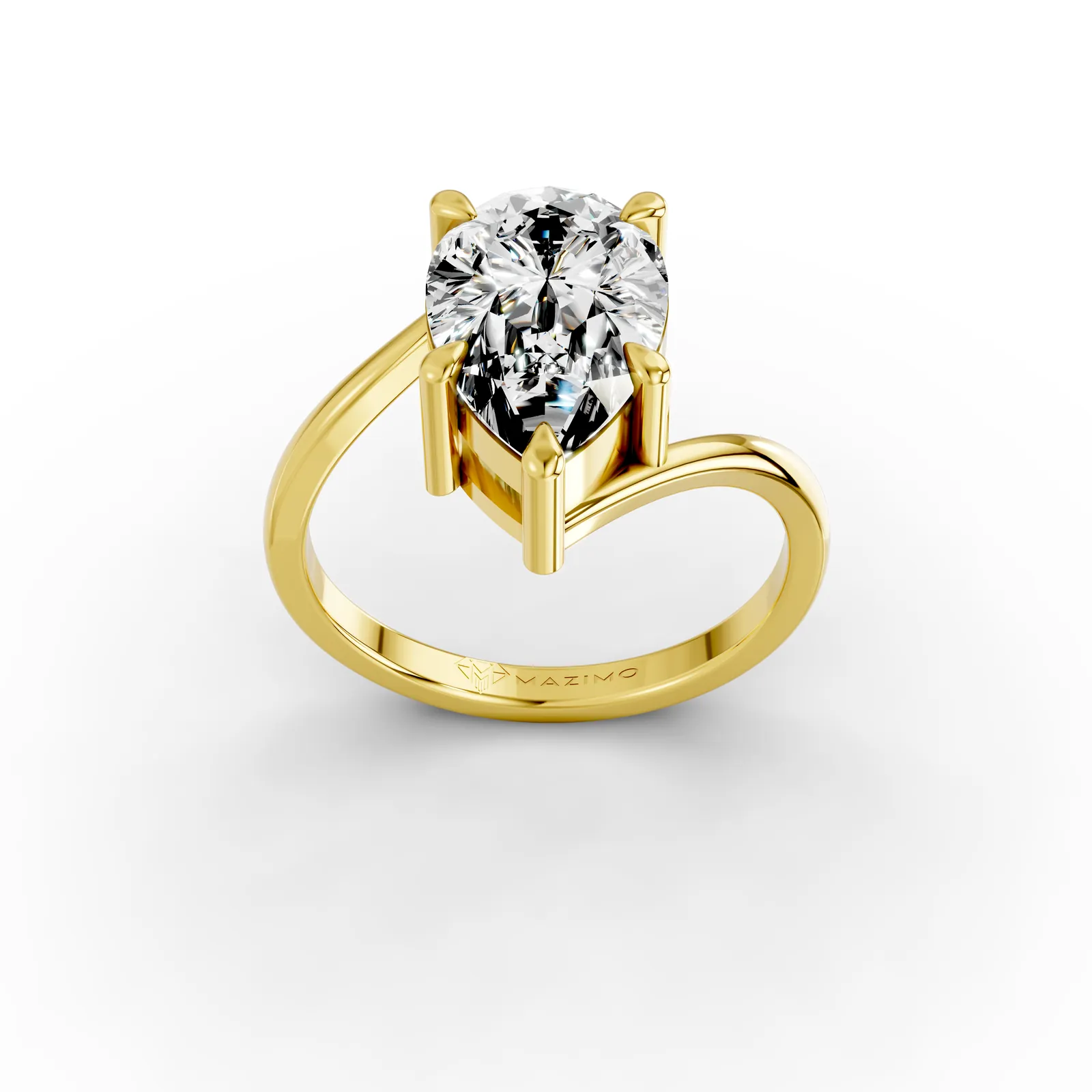 Pear Bypass Solitaire Ring in 18K Yellow Gold, 3 ct pear diamond in claws on a bypass band, three-quarter view