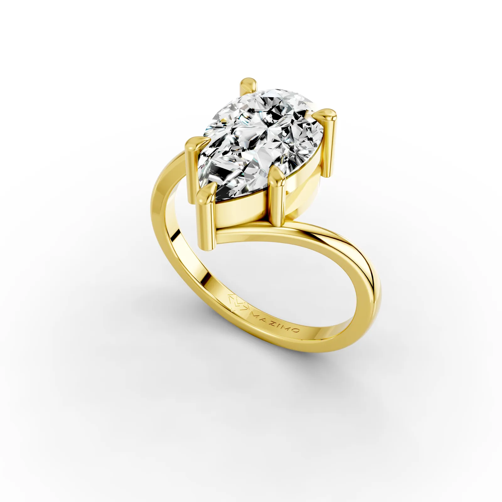 Pear Bypass Solitaire Ring in 18K Yellow Gold, 3 ct pear diamond in claws on a bypass band, angled view