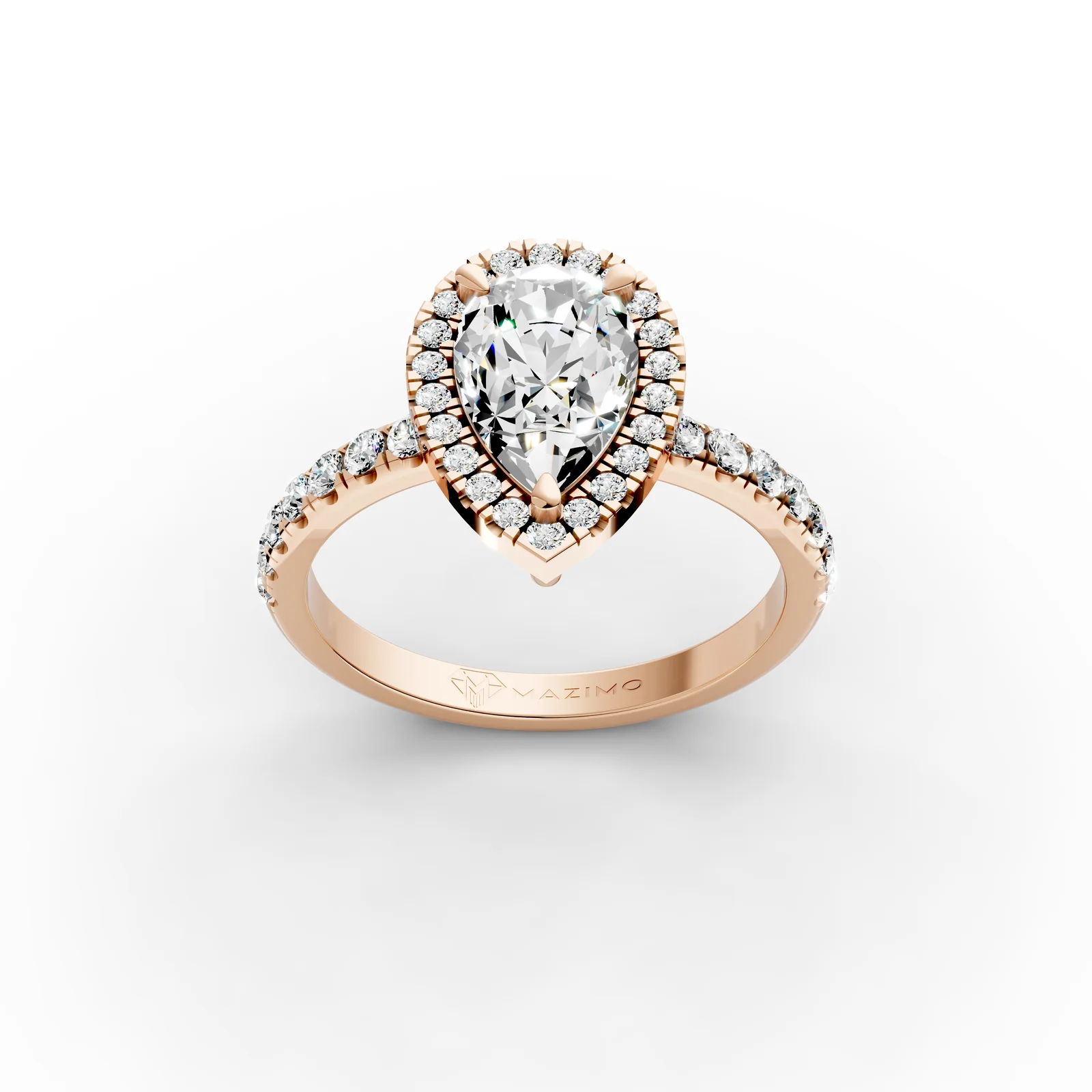 Pear Halo Pavé Ring in 18K Rose Gold, three-quarter view