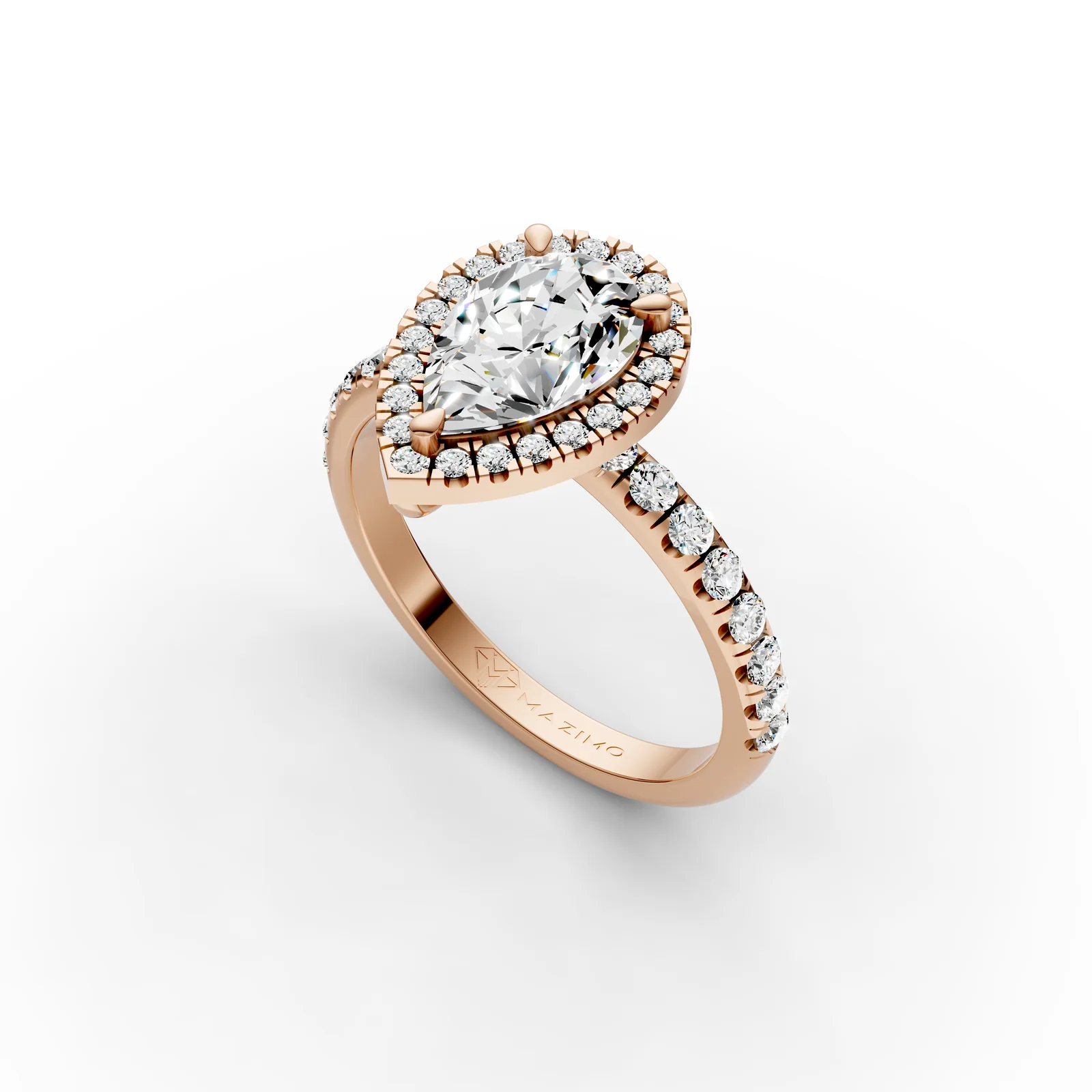 Pear Halo Pavé Ring in 18K Rose Gold, angled view