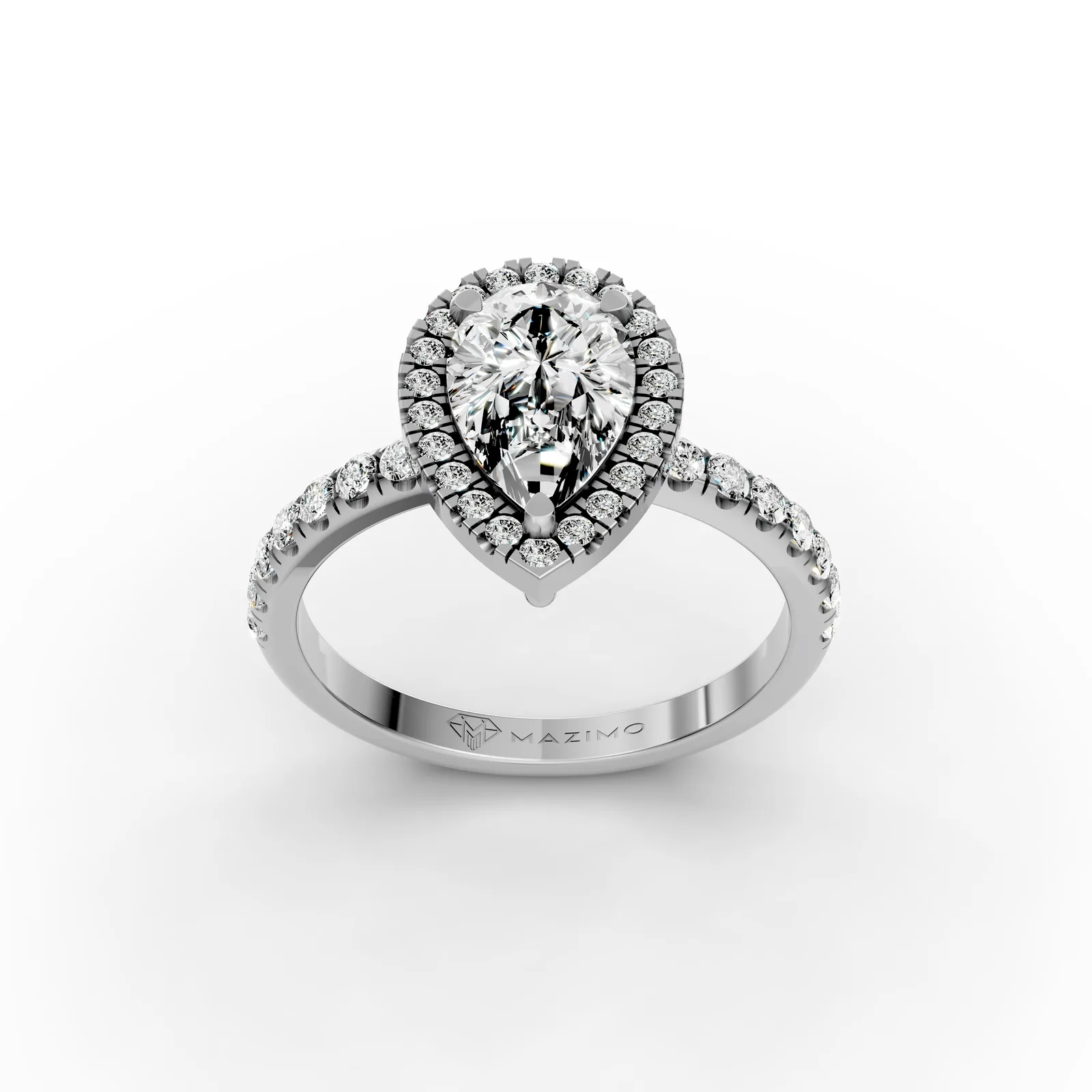 Pear Halo Pavé Ring in 18K White Gold, three-quarter view