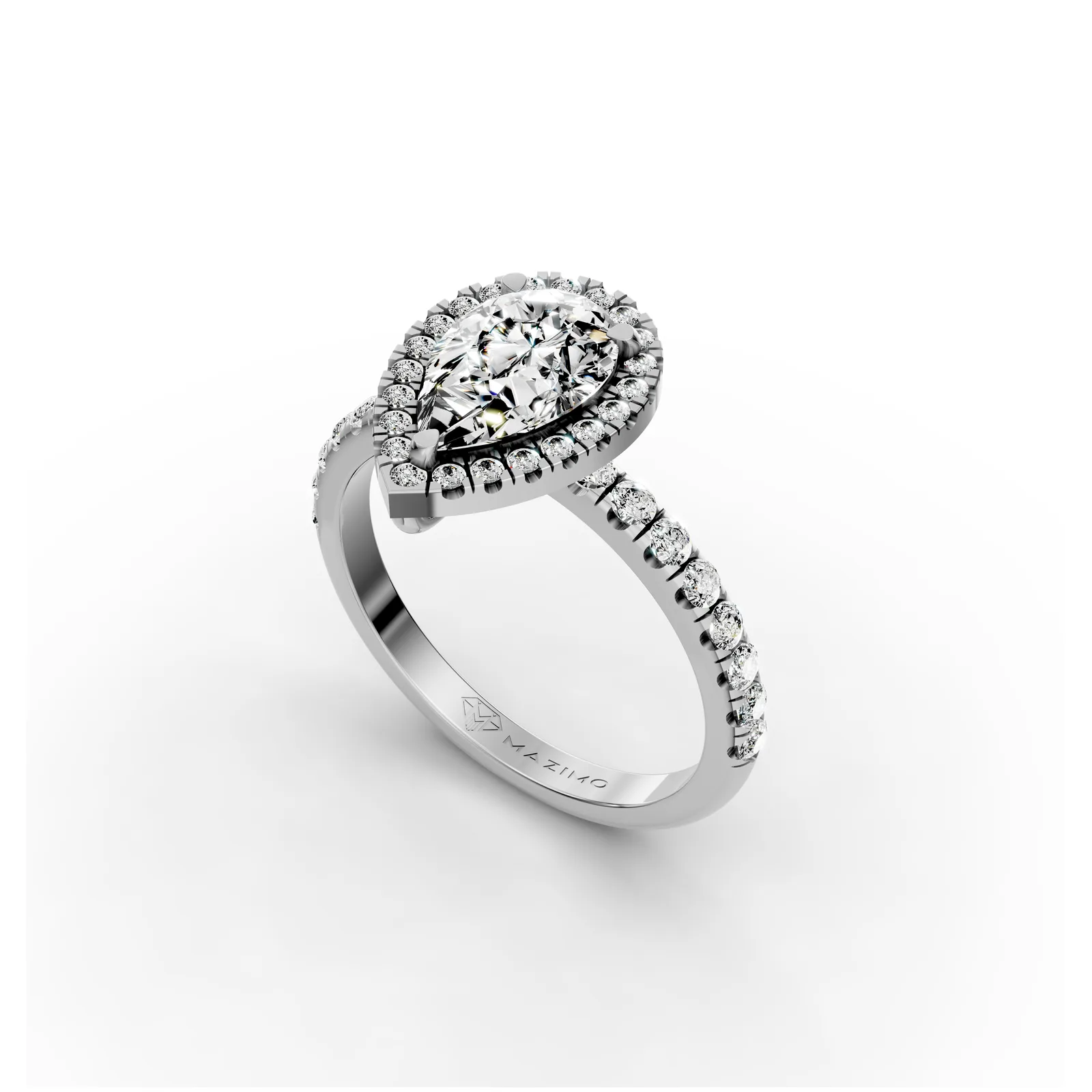 Pear Halo Pavé Ring in 18K White Gold, angled view