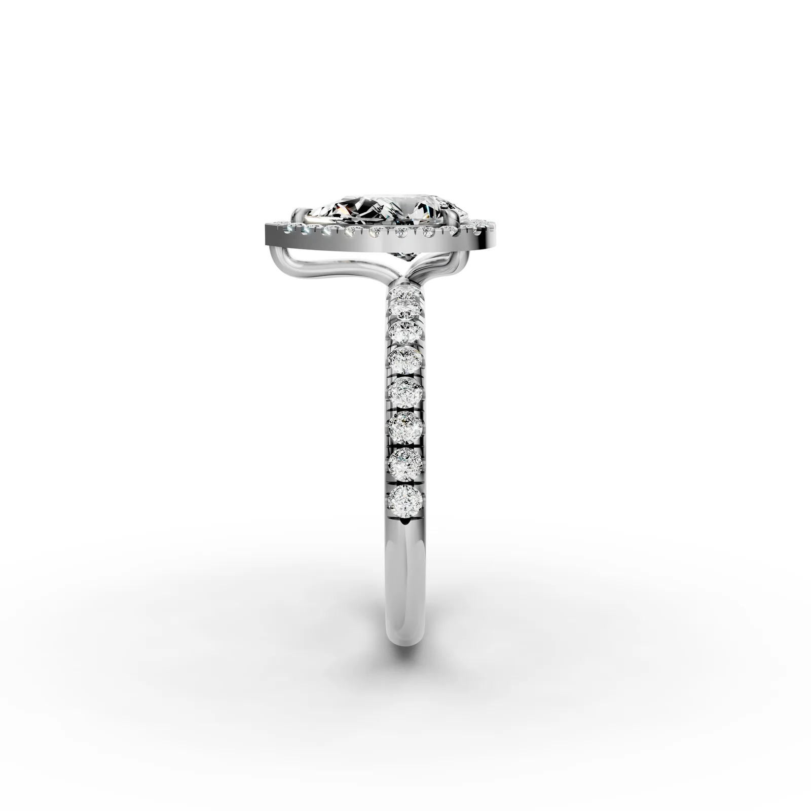 Pear Halo Pavé Ring in 18K White Gold, side profile