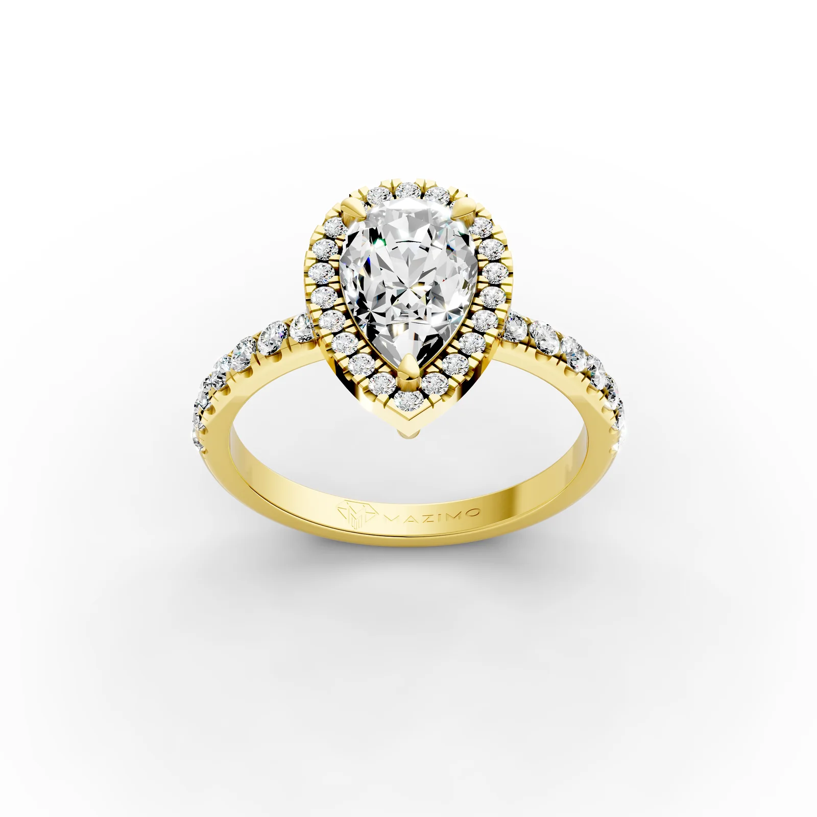 Pear Halo Pavé Ring in 18K Yellow Gold, three-quarter view