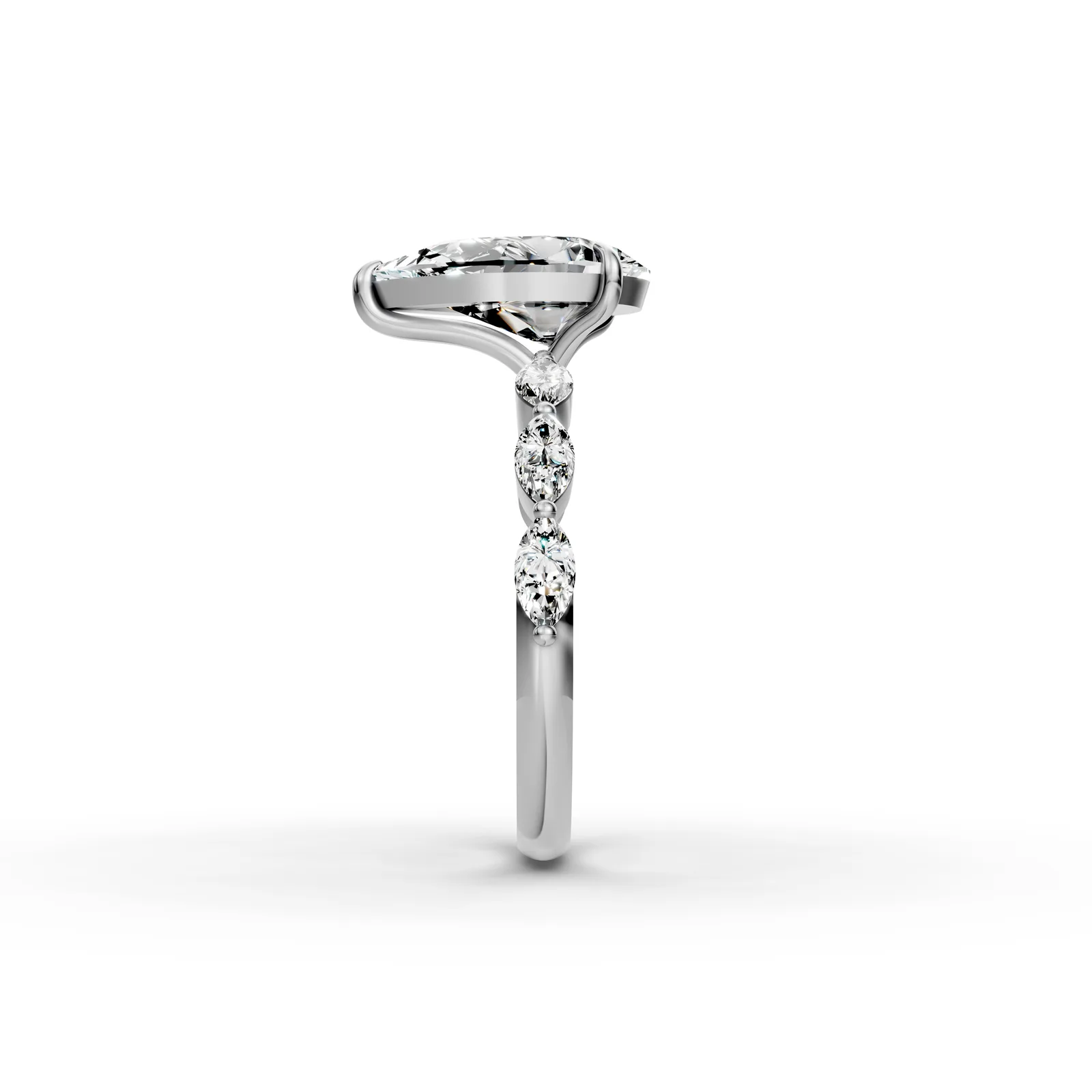 Pear Marquise Shoulders Ring in 18K White Gold, side profile