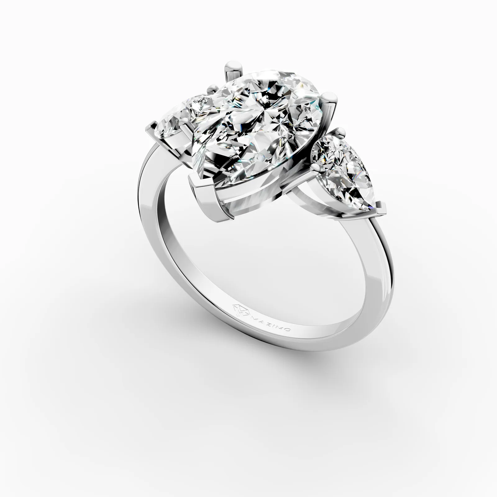 Pear Three Stone Ring in 18K White Gold, 2 ct pear diamond with a pear diamond on each side, angled view