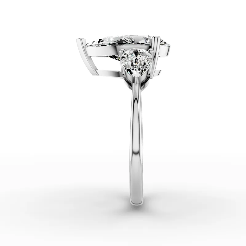 Pear Three Stone Ring in 18K White Gold, 2 ct pear diamond with a pear diamond on each side, side profile
