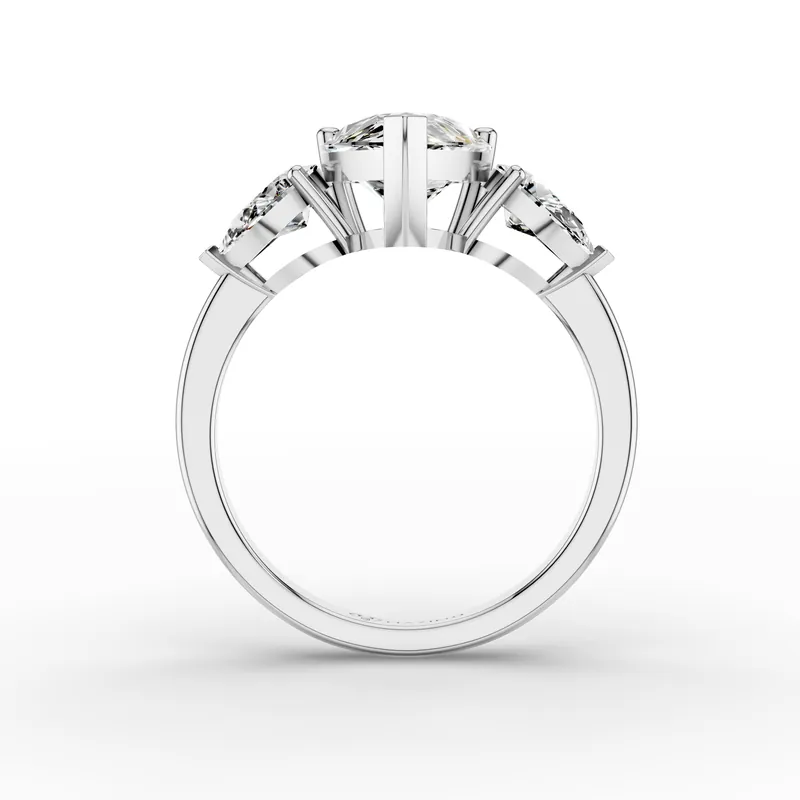 Pear Three Stone Ring in 18K White Gold, 2 ct pear diamond with a pear diamond on each side, front view