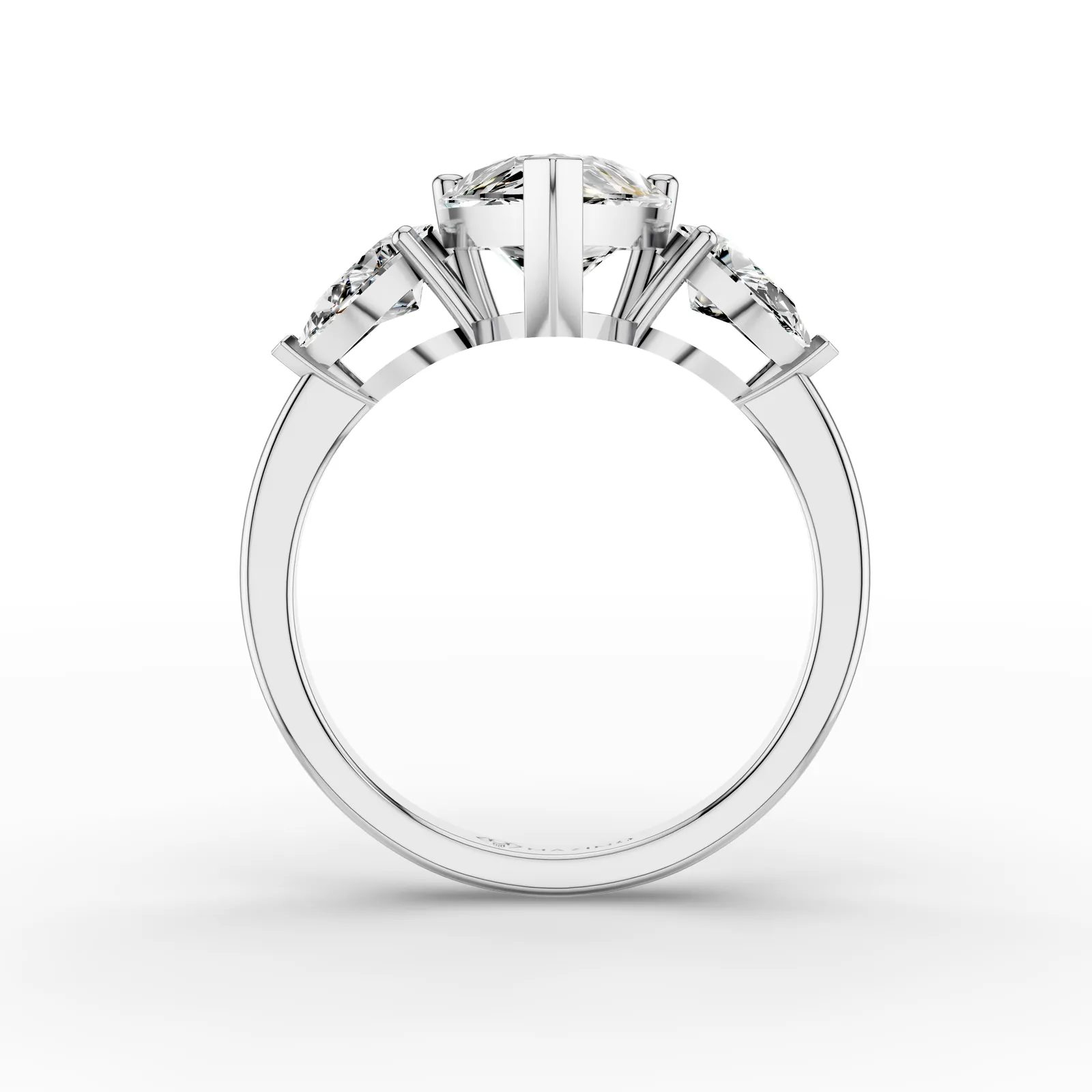 Pear Three Stone Ring in 18K White Gold, 2 ct pear diamond with a pear diamond on each side, front view